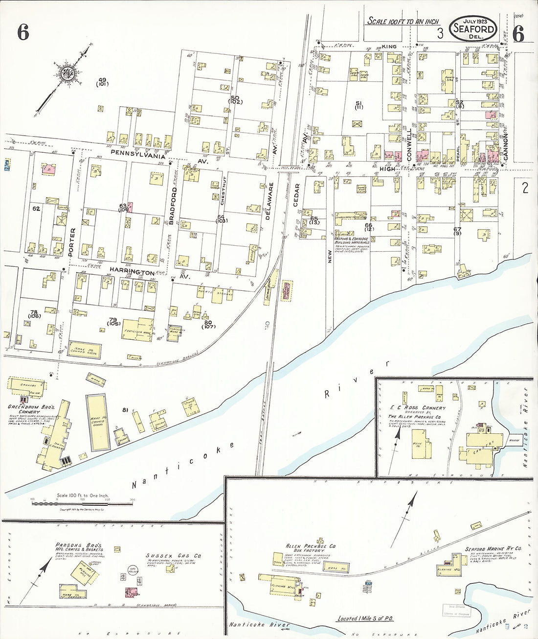 This old map of Seaford, Sussex County, Delaware was created by Sanborn Map Company in 1923