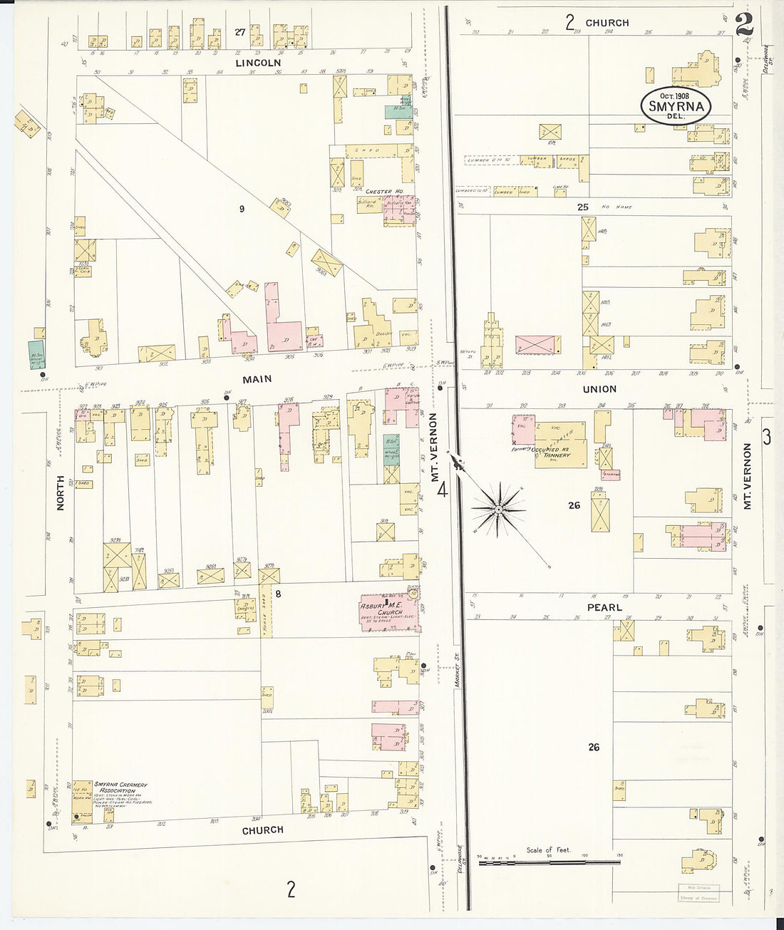 This old map of Smyrna, Kent County, Delaware was created by Sanborn Map Company in 1908