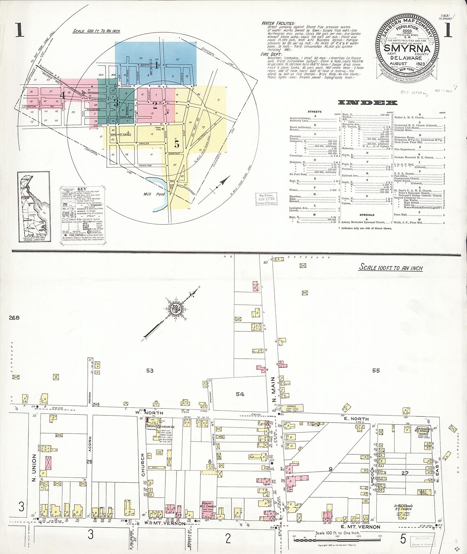 This old map of Smyrna, Kent County, Delaware was created by Sanborn Map Company in 1923