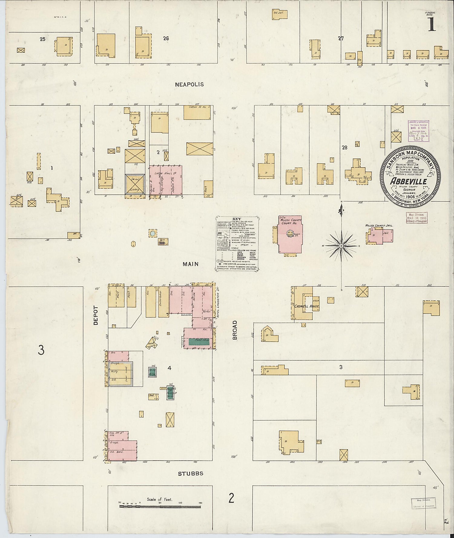 This old map of Abbeville, Wilcox County, Georgia was created by Sanborn Map Company in 1906