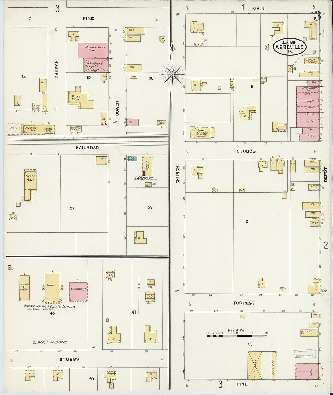 This old map of Abbeville, Wilcox County, Georgia was created by Sanborn Map Company in 1906