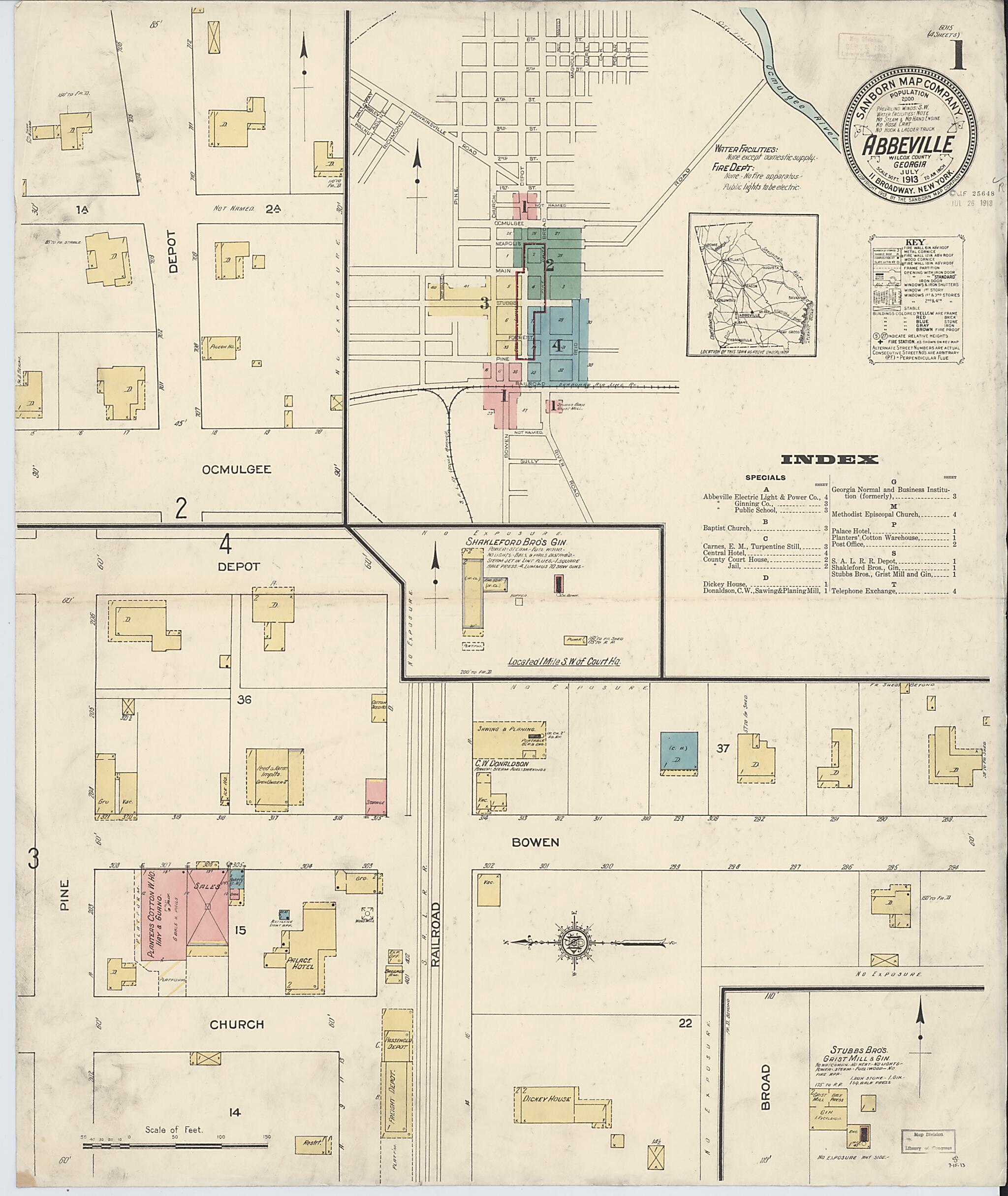 This old map of Abbeville, Wilcox County, Georgia was created by Sanborn Map Company in 1913