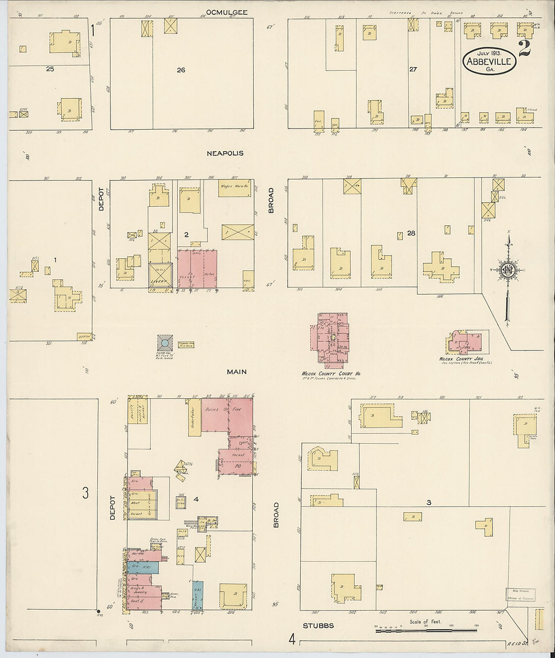 This old map of Abbeville, Wilcox County, Georgia was created by Sanborn Map Company in 1913