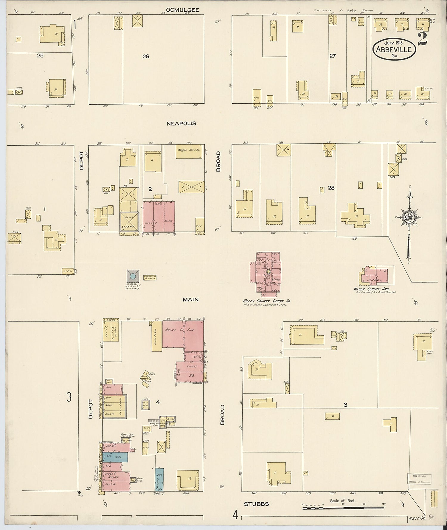 This old map of Abbeville, Wilcox County, Georgia was created by Sanborn Map Company in 1913