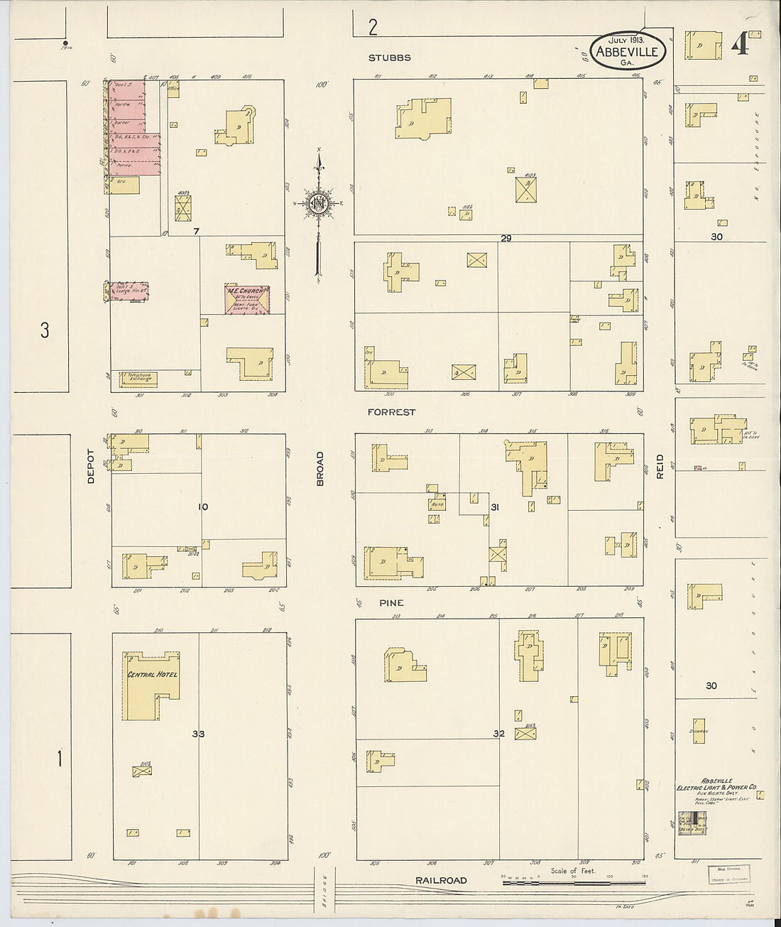 This old map of Abbeville, Wilcox County, Georgia was created by Sanborn Map Company in 1913