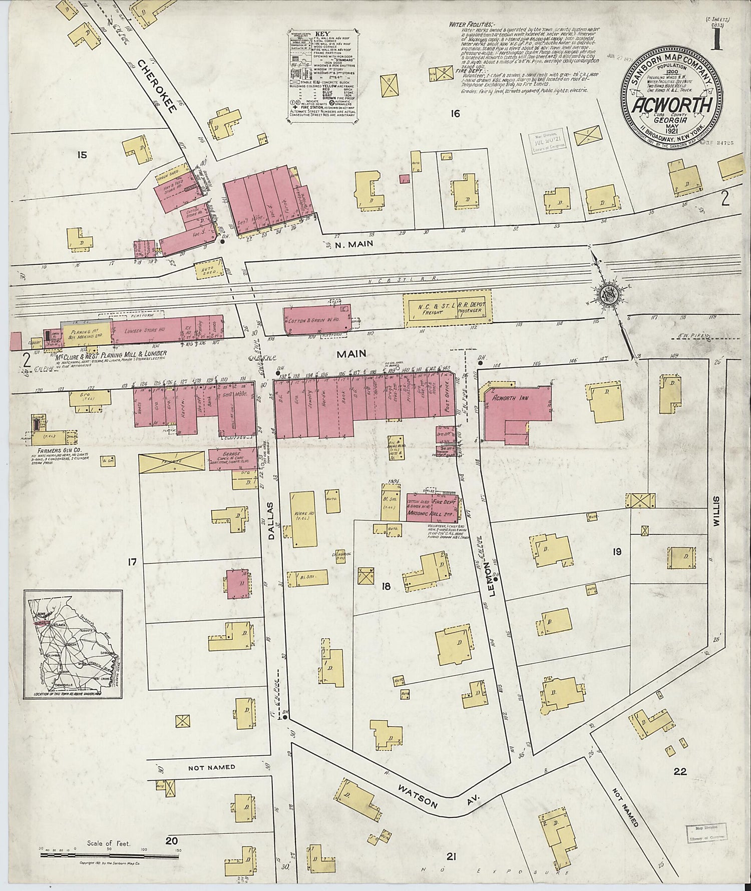 This old map of Acworth, Cobb County, Georgia was created by Sanborn Map Company in 1921