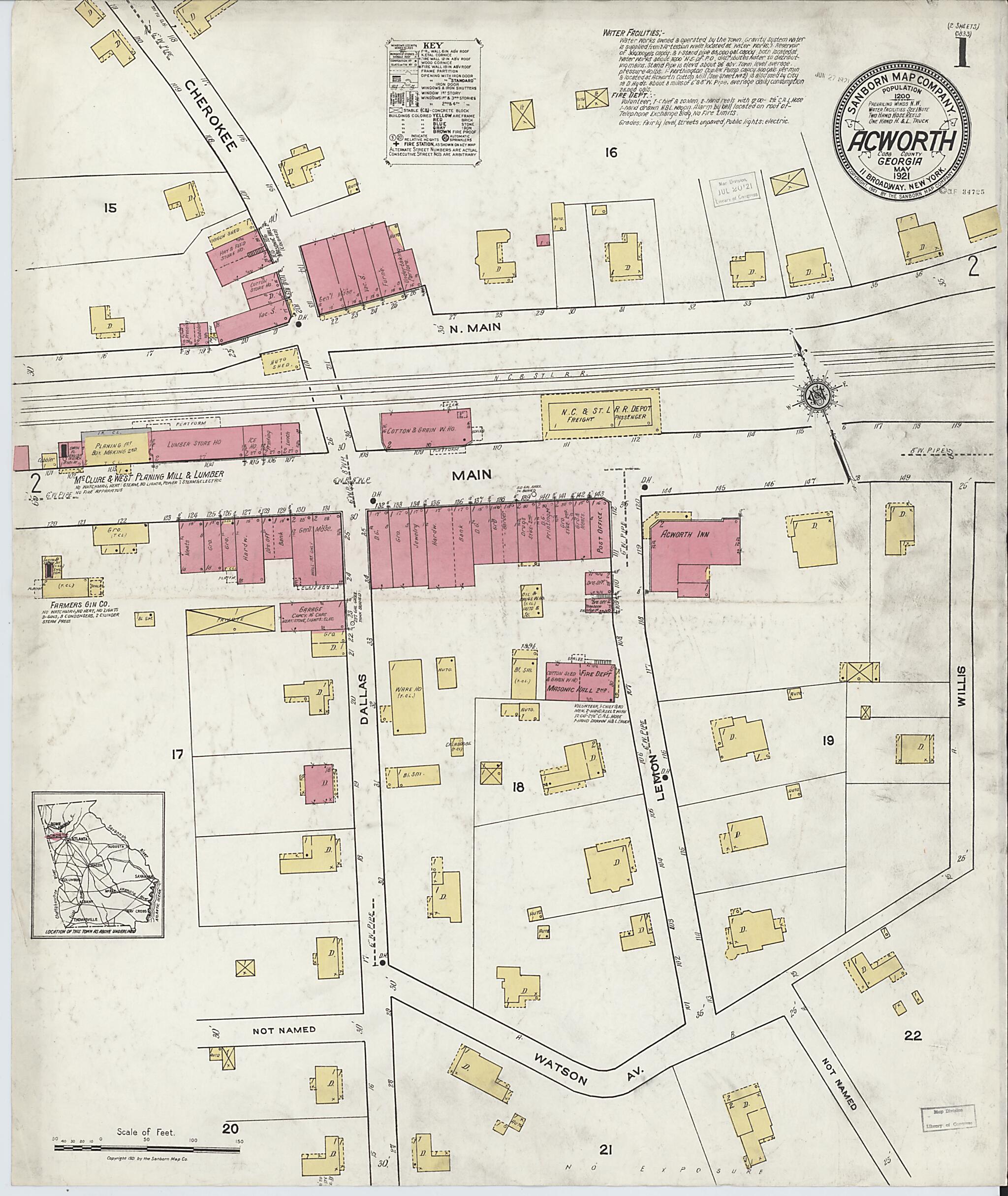 This old map of Acworth, Cobb County, Georgia was created by Sanborn Map Company in 1921