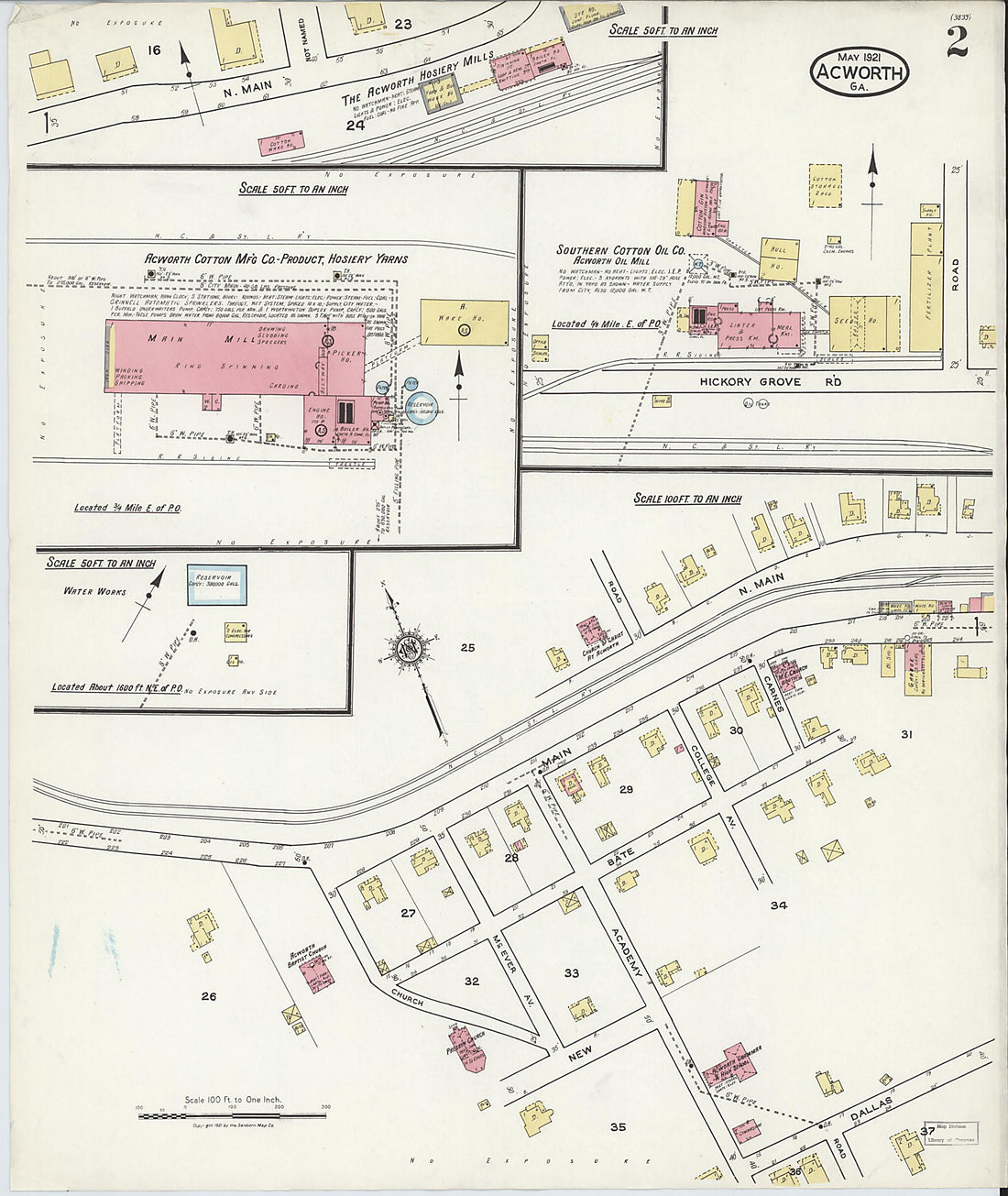 This old map of Acworth, Cobb County, Georgia was created by Sanborn Map Company in 1921