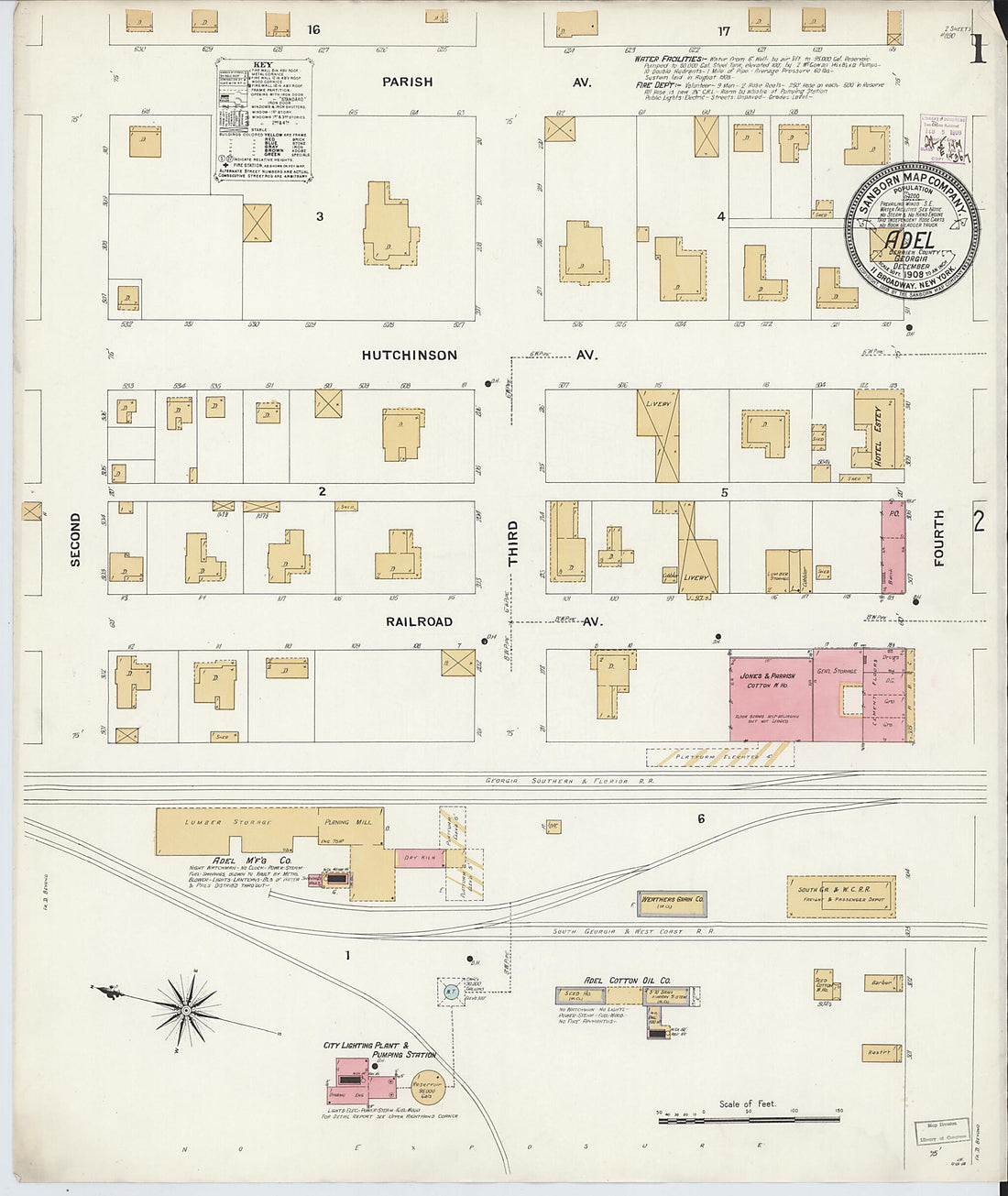 This old map of Adel, Cook County, Georgia was created by Sanborn Map Company in 1908