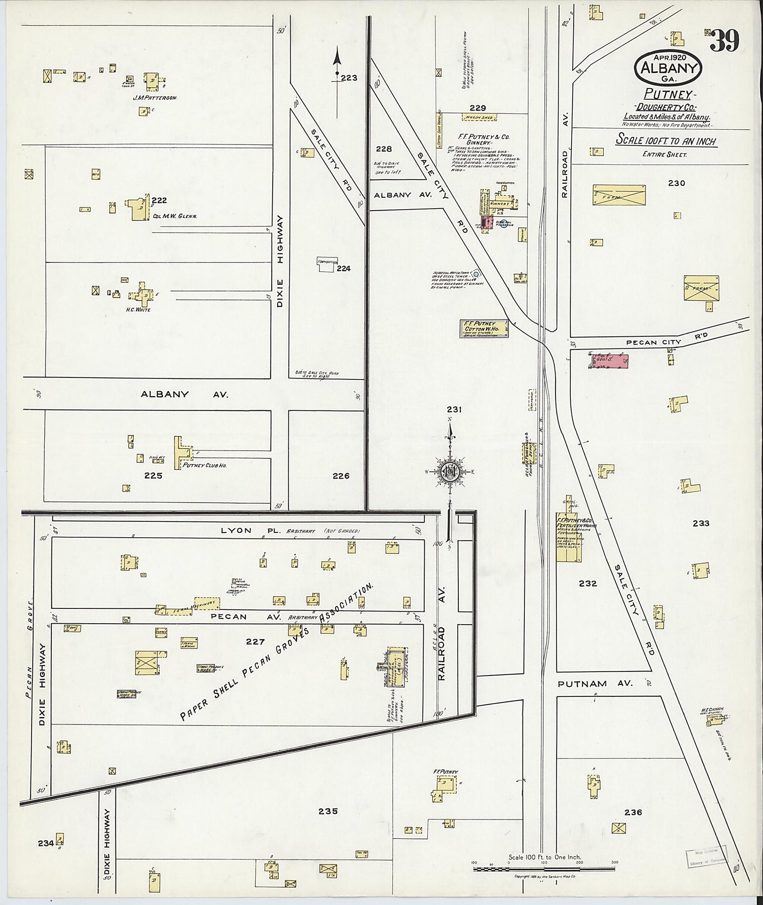 This old map of Putney, Dougherty County, Georgia was created by Sanborn Map Company in 1920