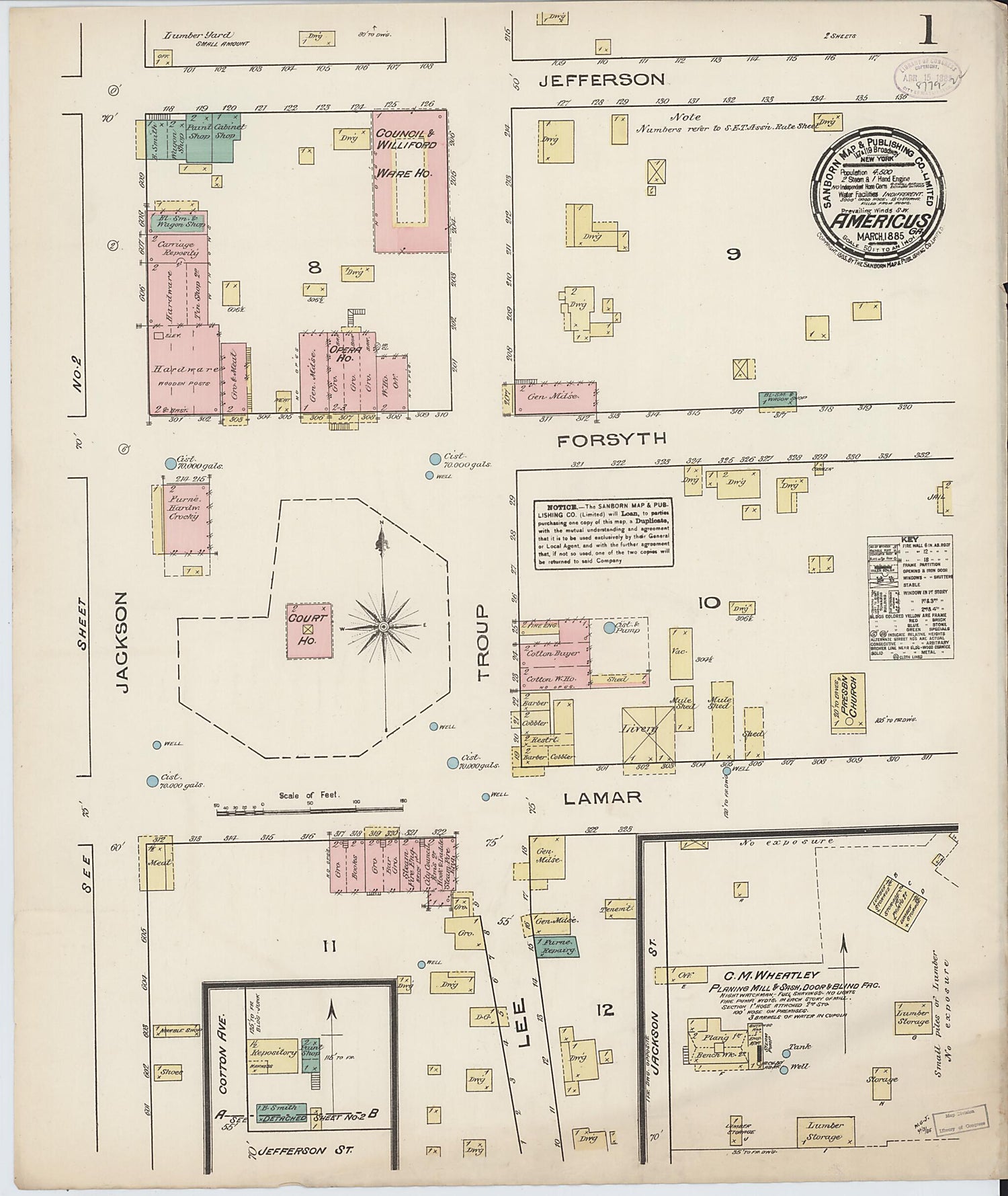 This old map of Americus, Sumter County, Georgia was created by Sanborn Map Company in 1885