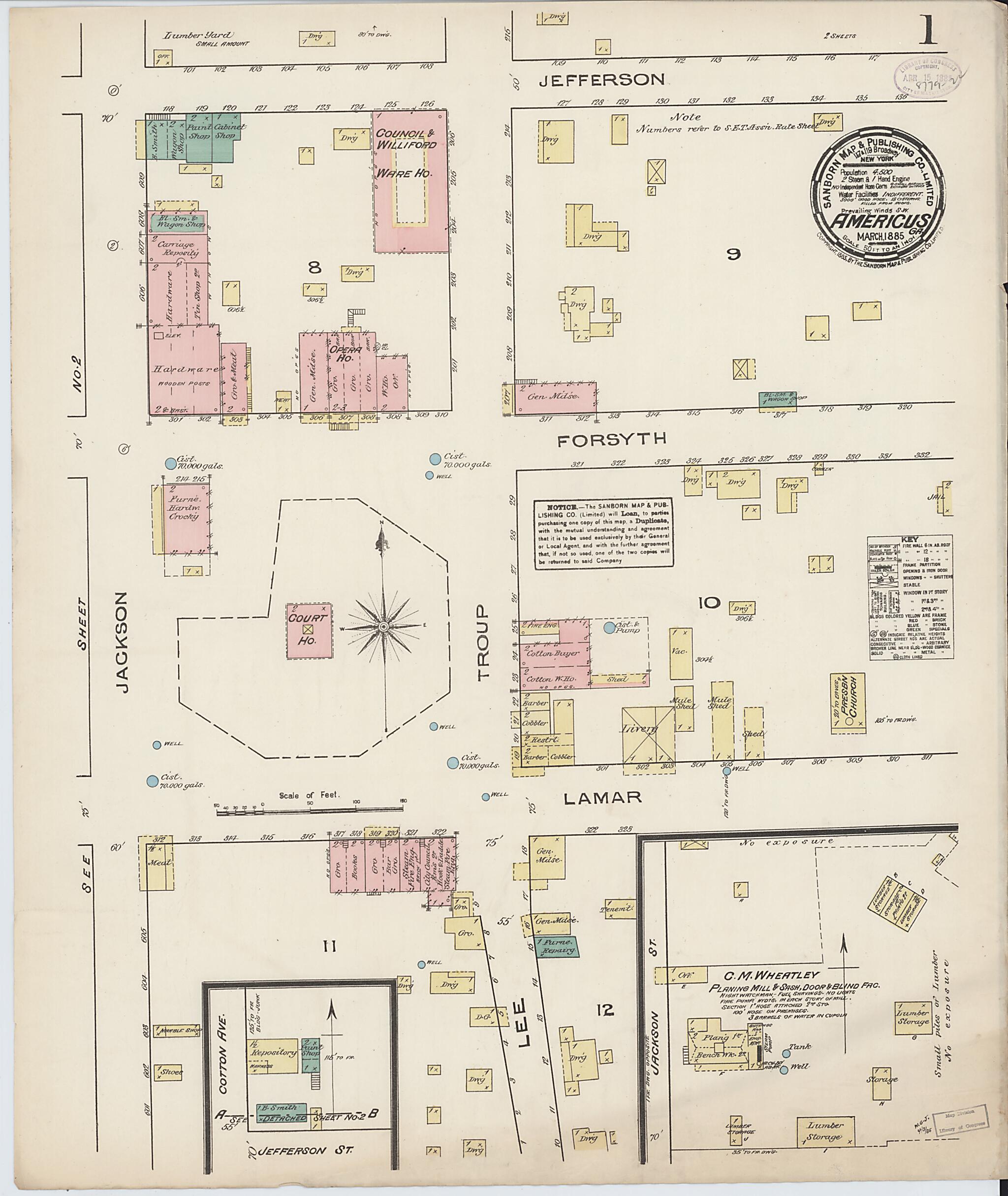 This old map of Americus, Sumter County, Georgia was created by Sanborn Map Company in 1885