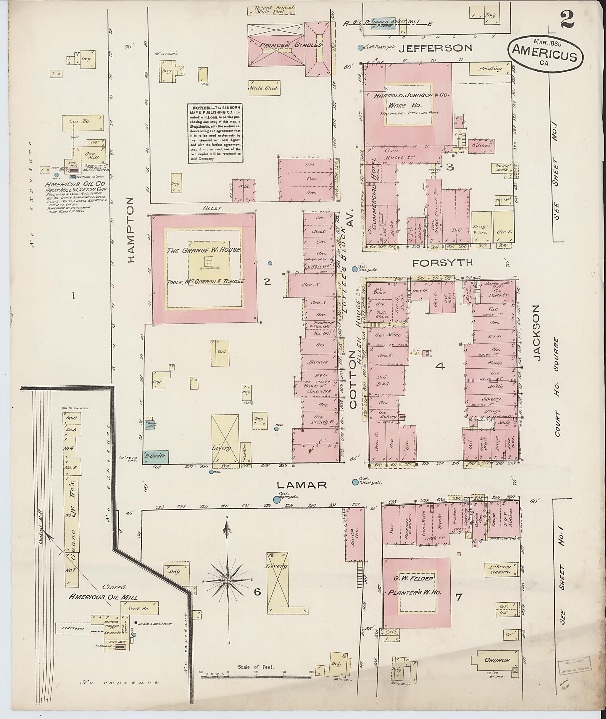 This old map of Americus, Sumter County, Georgia was created by Sanborn Map Company in 1885