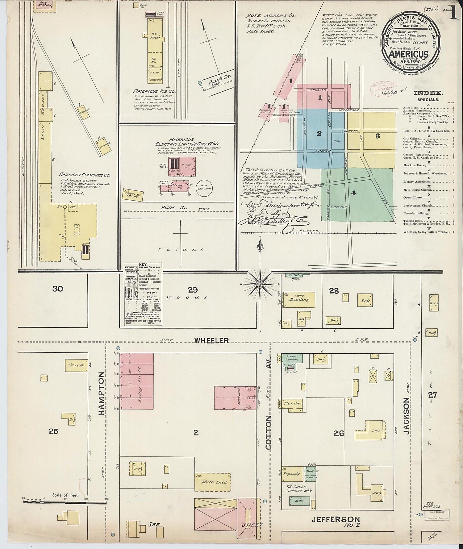 This old map of Americus, Sumter County, Georgia was created by Sanborn Map Company in 1890