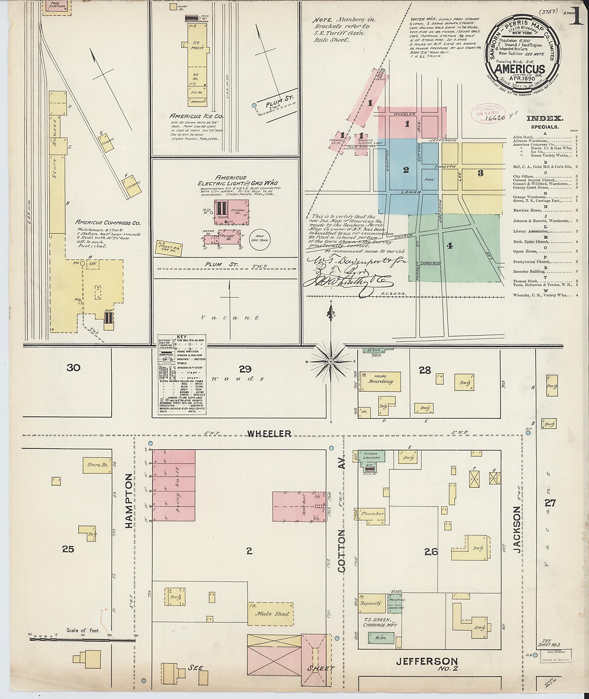 This old map of Americus, Sumter County, Georgia was created by Sanborn Map Company in 1890