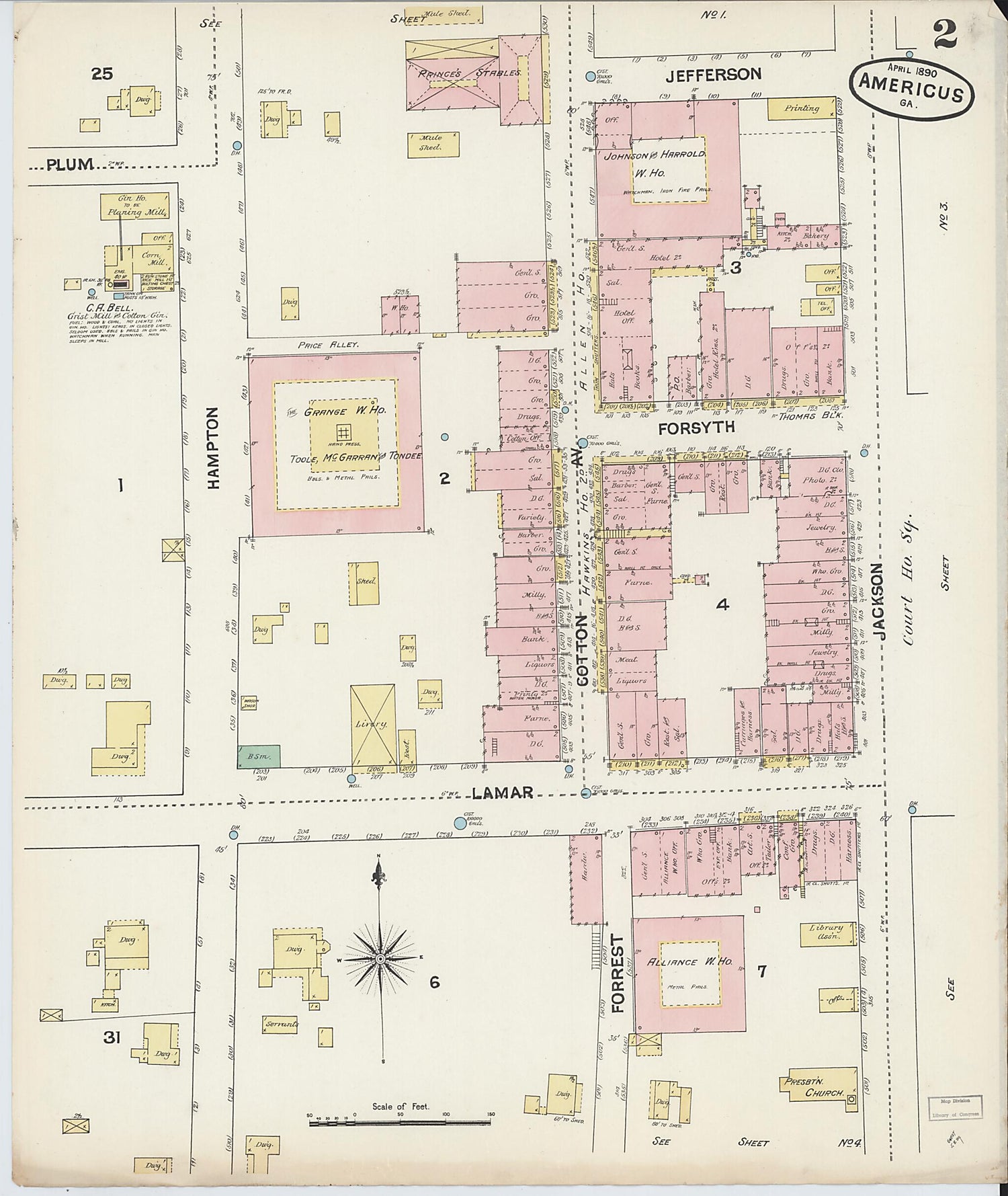 This old map of Americus, Sumter County, Georgia was created by Sanborn Map Company in 1890