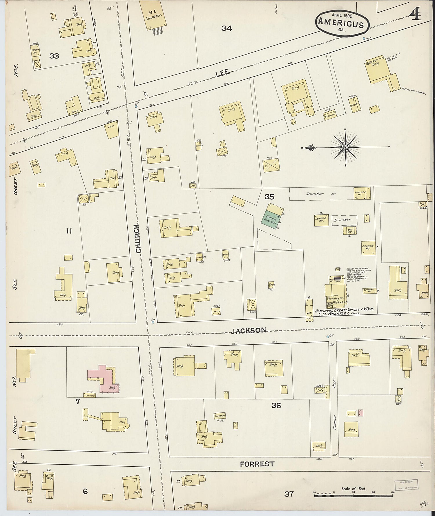 This old map of Americus, Sumter County, Georgia was created by Sanborn Map Company in 1890