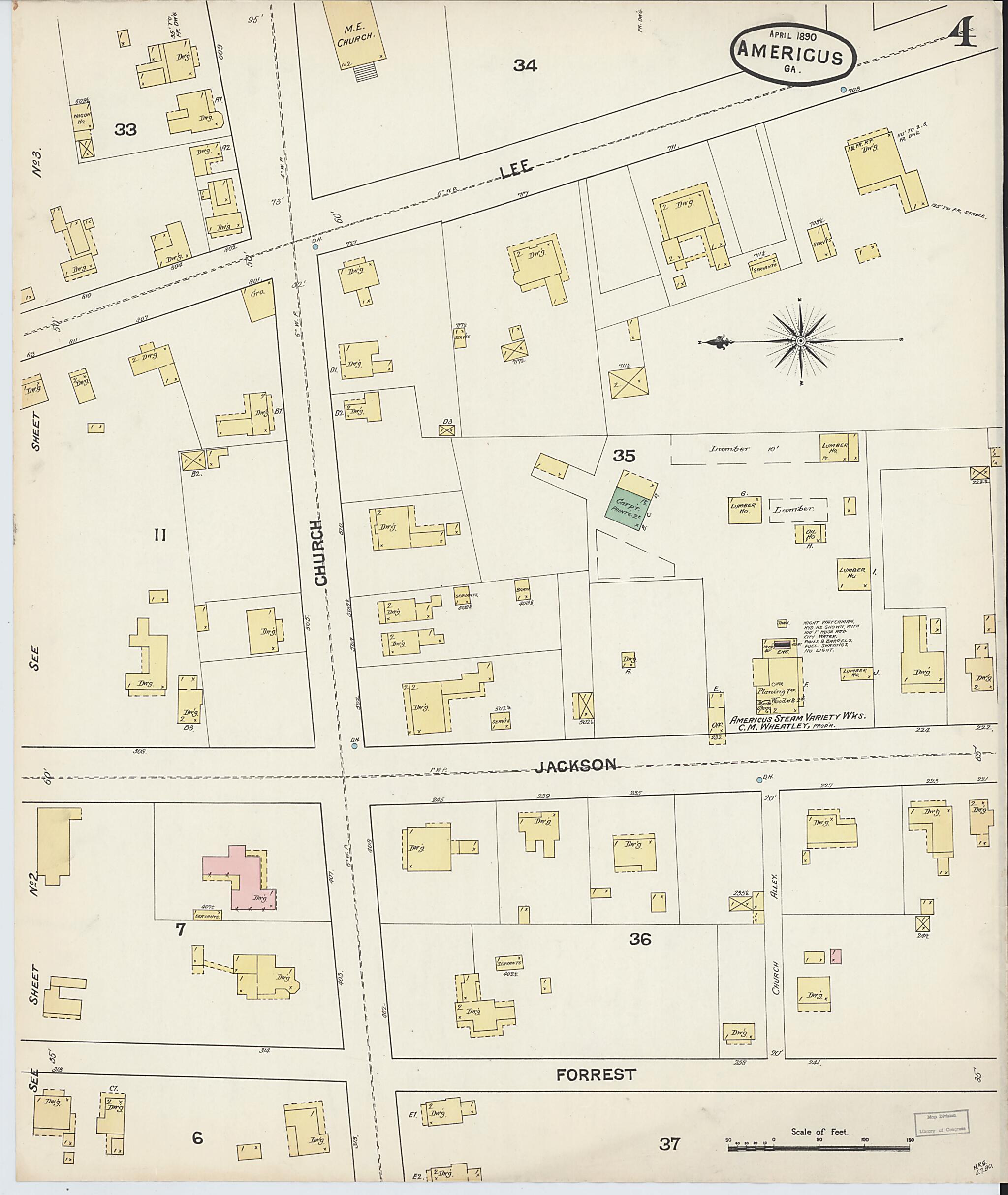 This old map of Americus, Sumter County, Georgia was created by Sanborn Map Company in 1890