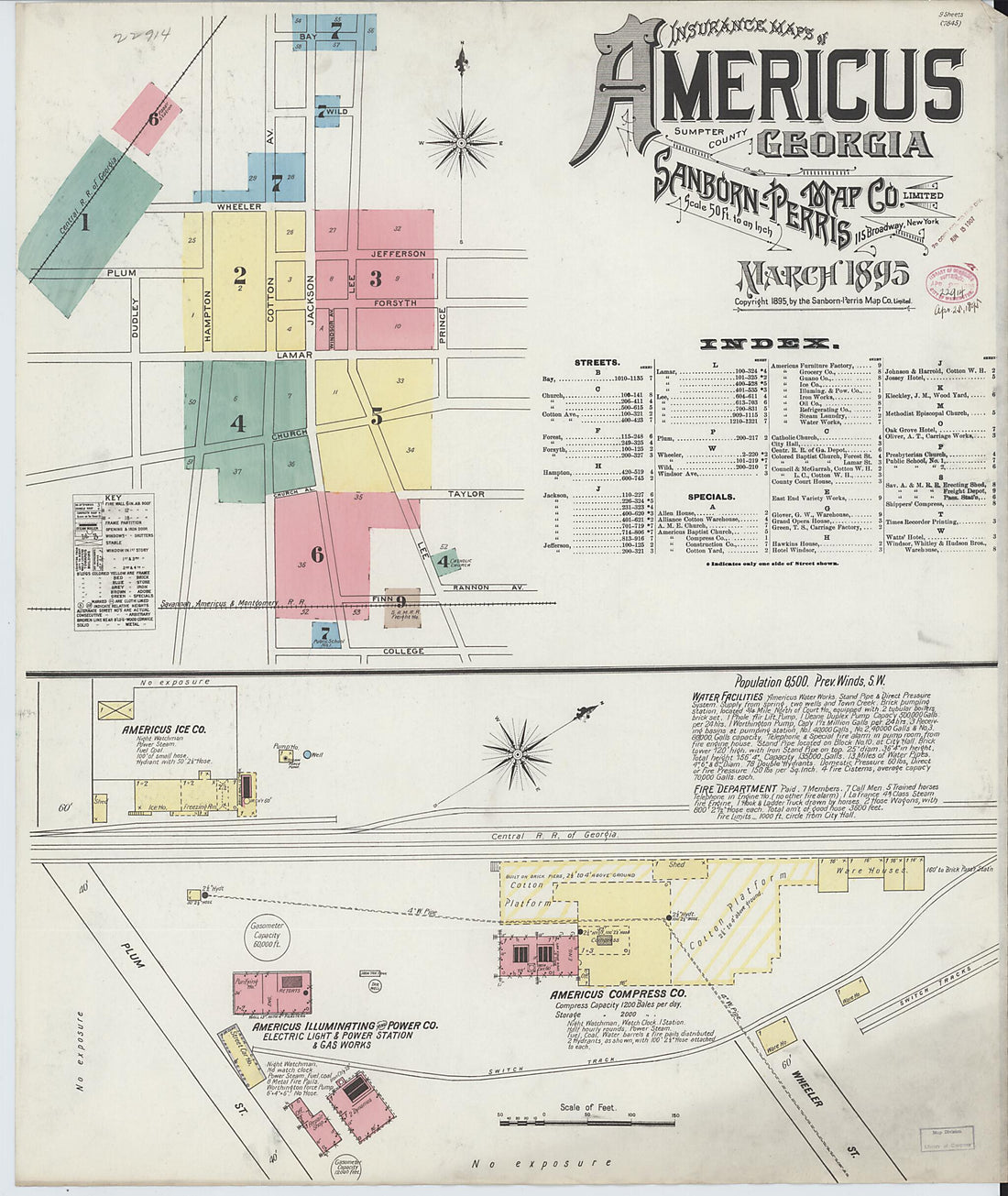 This old map of Americus, Sumter County, Georgia was created by Sanborn Map Company in 1895