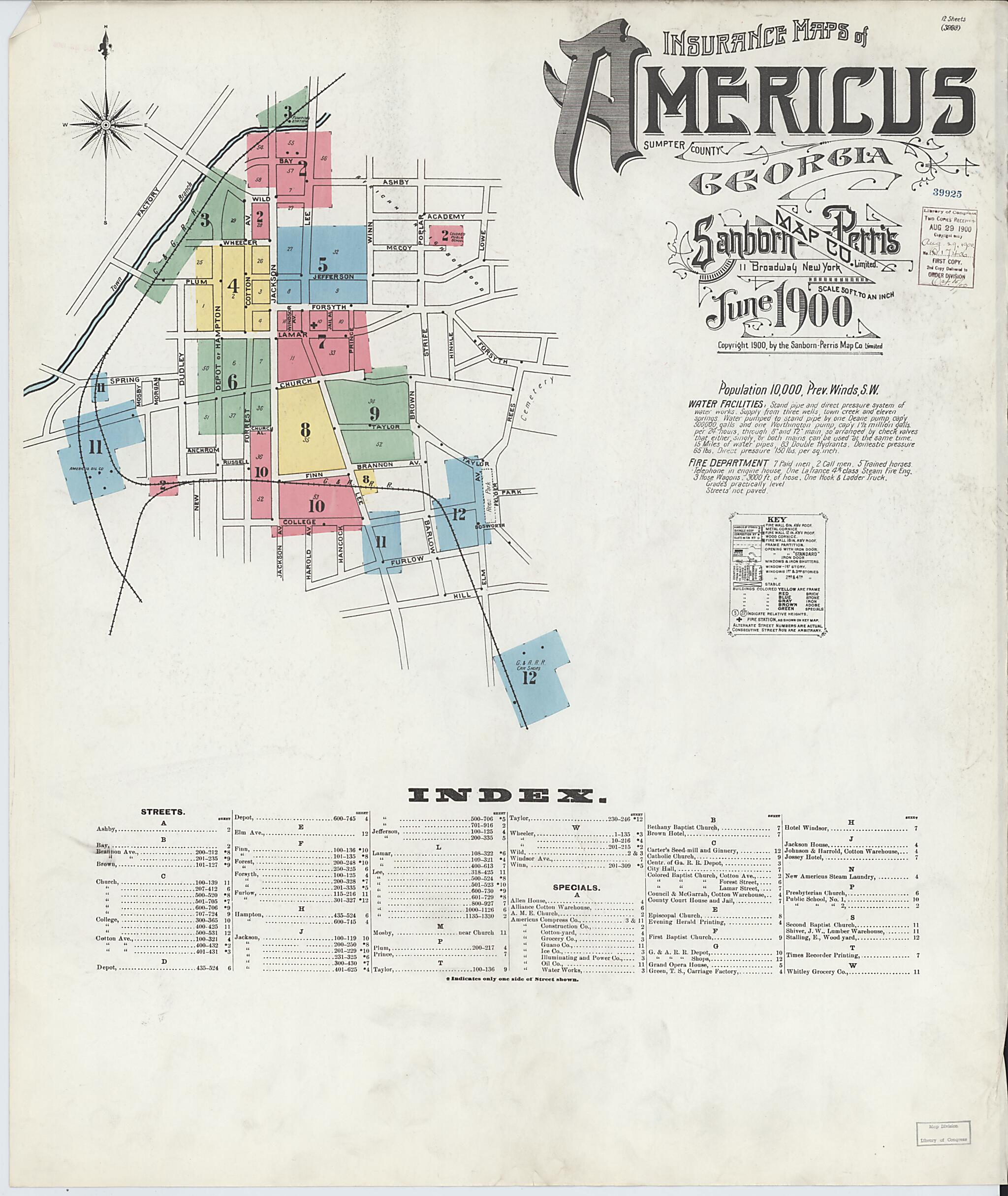 This old map of Americus, Sumter County, Georgia was created by Sanborn Map Company in 1900