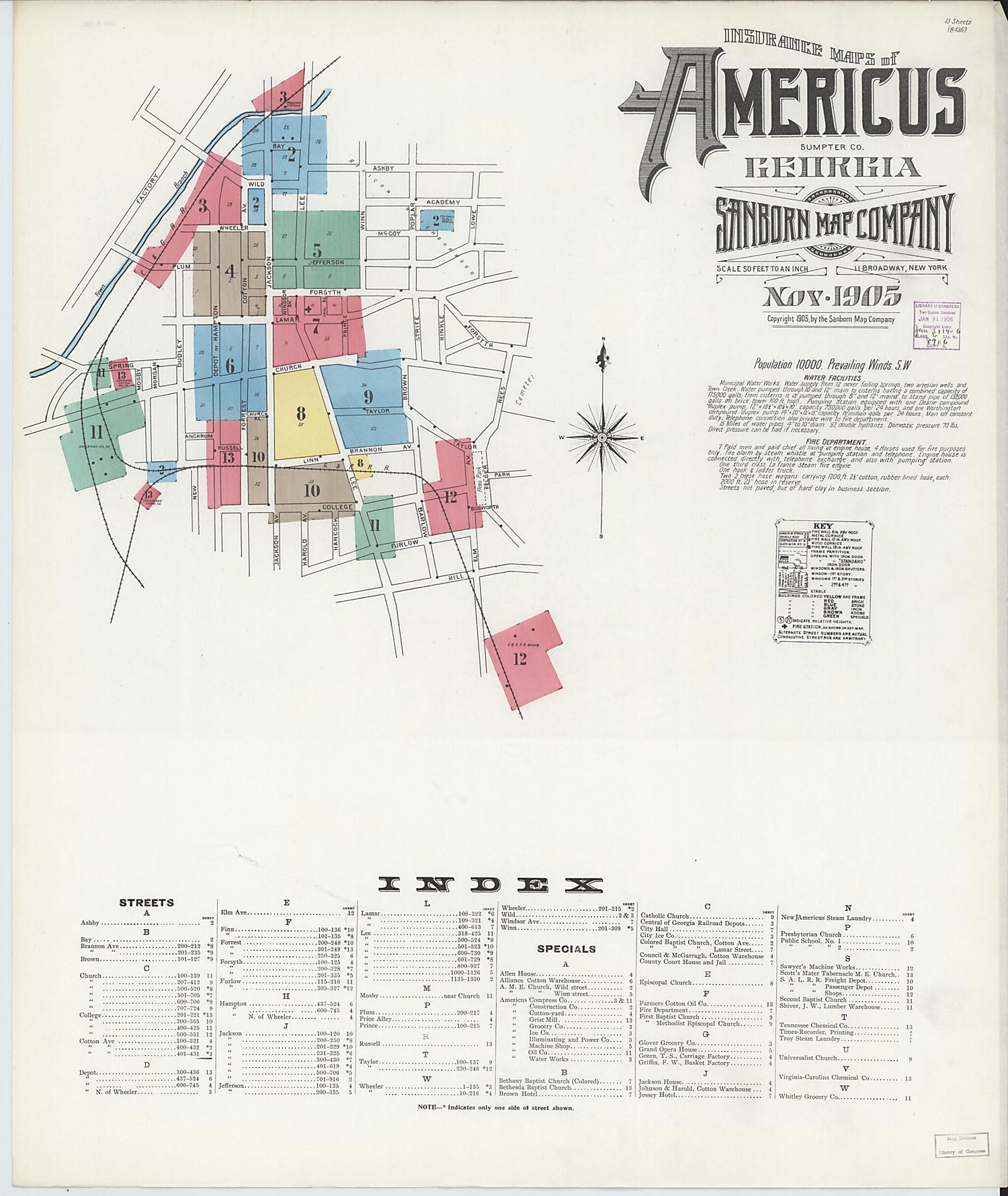 This old map of Americus, Sumter County, Georgia was created by Sanborn Map Company in 1905