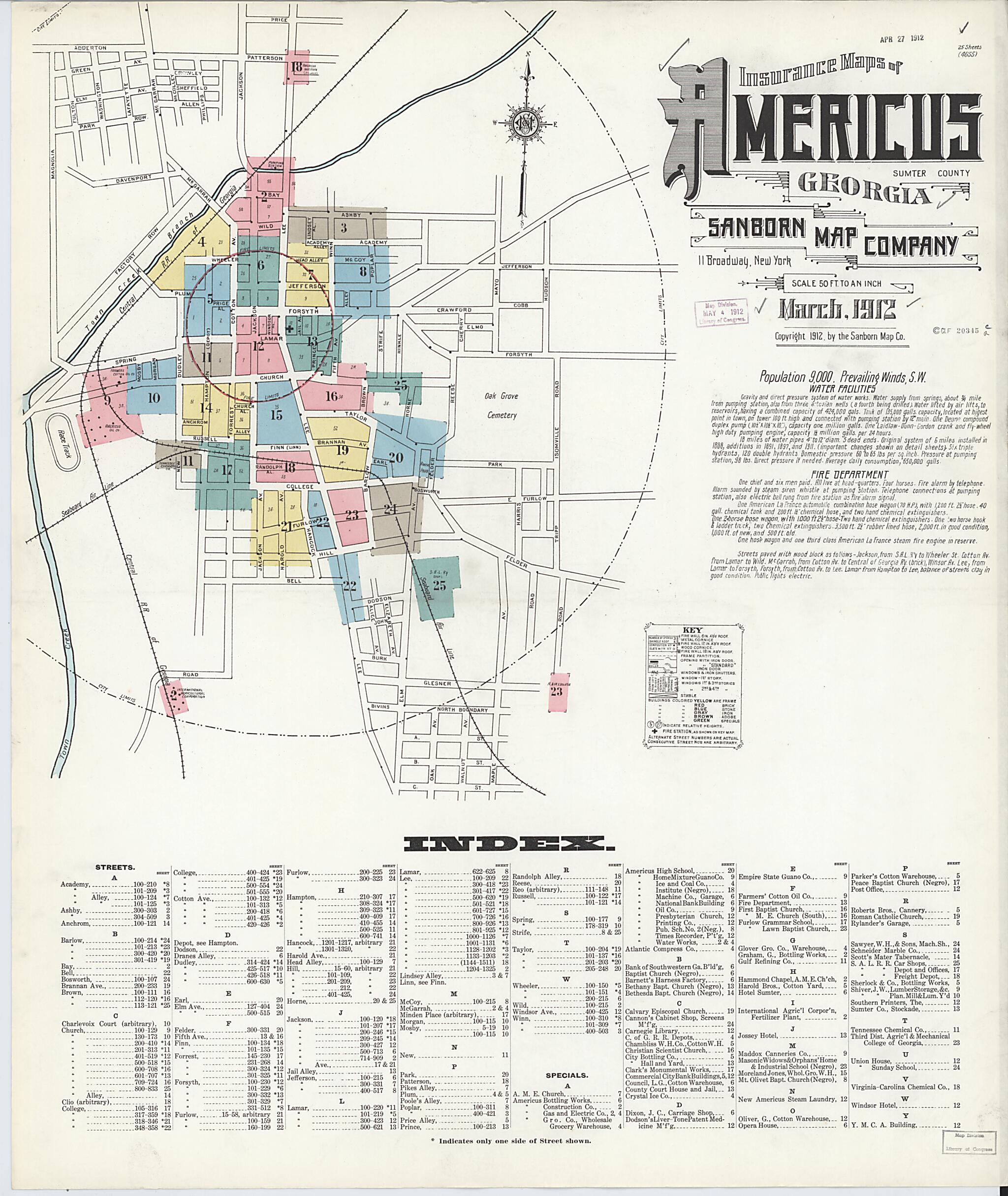 This old map of Americus, Sumter County, Georgia was created by Sanborn Map Company in 1912