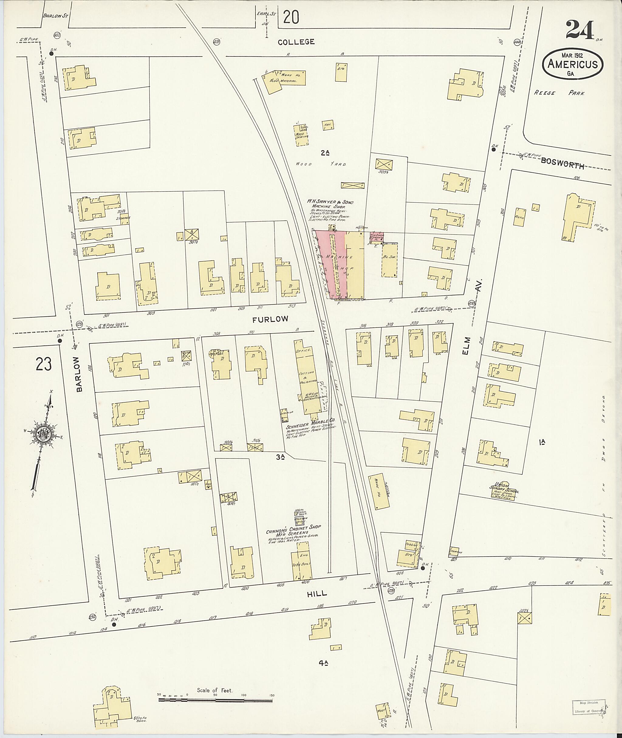 This old map of Americus, Sumter County, Georgia was created by Sanborn Map Company in 1912