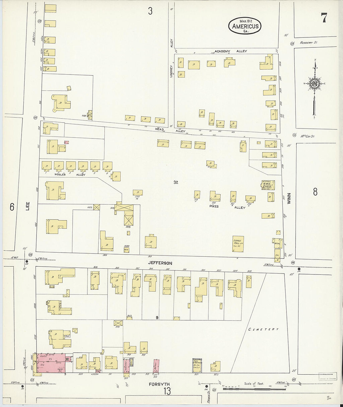 This old map of Americus, Sumter County, Georgia was created by Sanborn Map Company in 1912