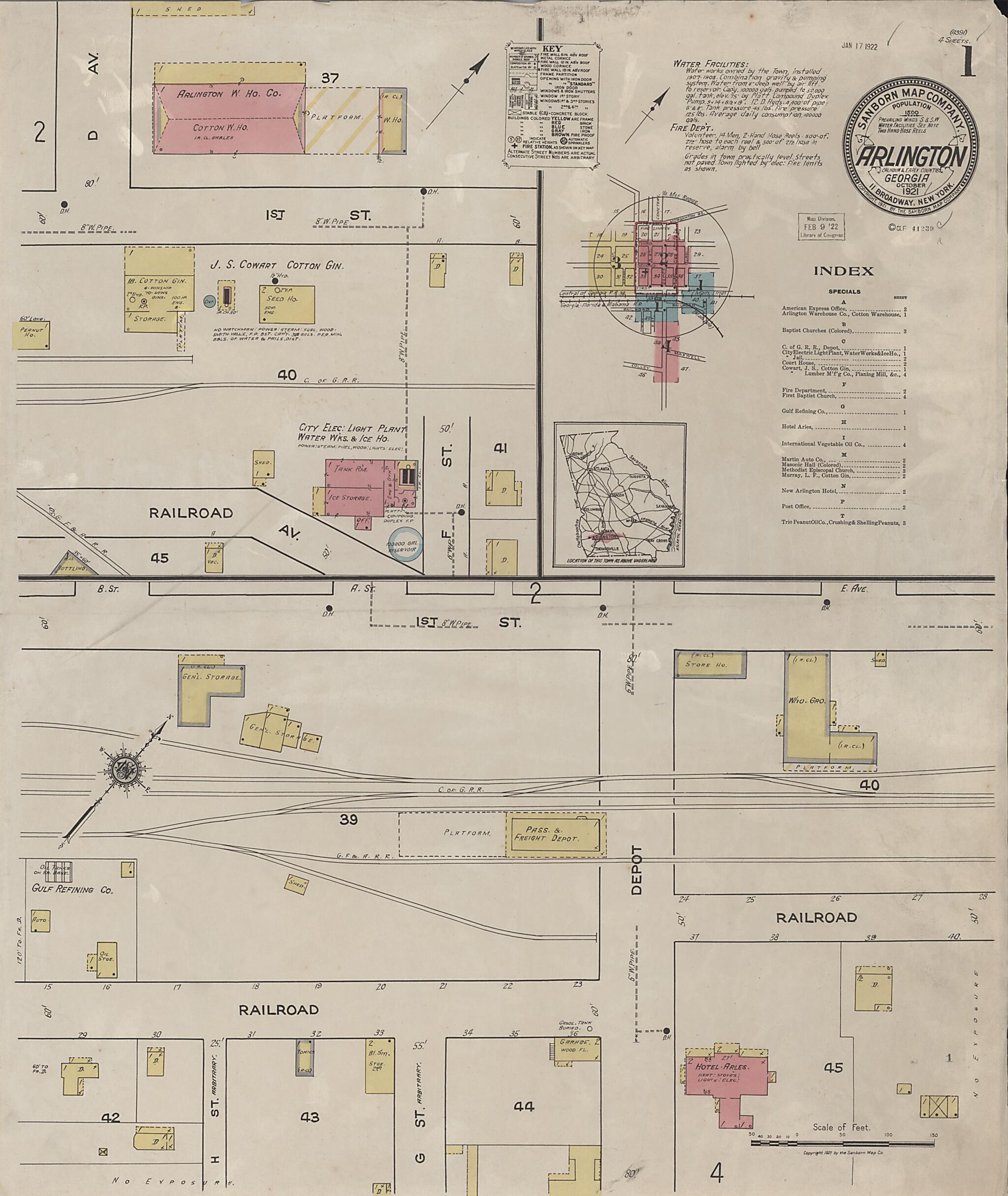 This old map of Arlington, Early County, Georgia was created by Sanborn Map Company in 1921