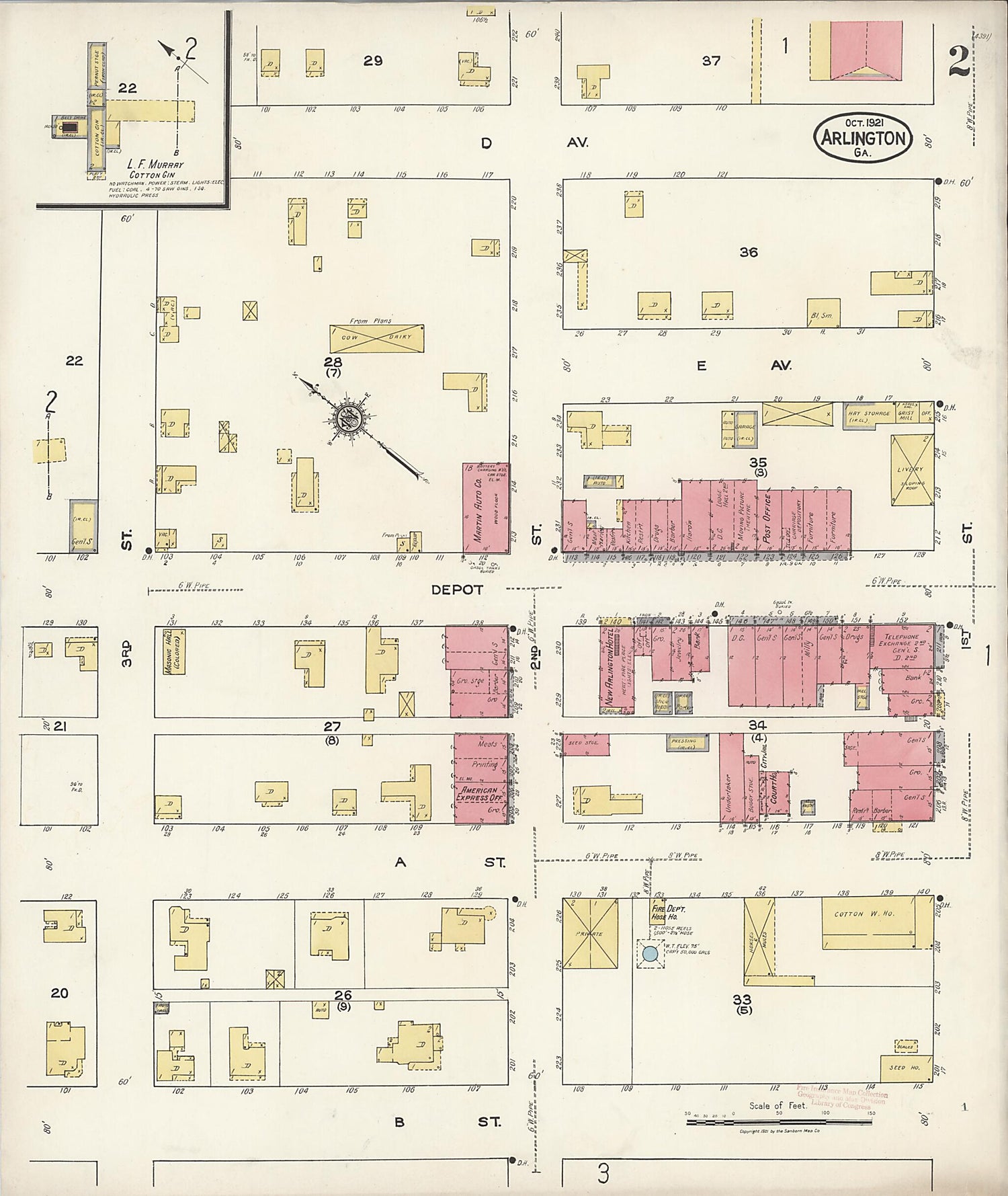 This old map of Arlington, Early County, Georgia was created by Sanborn Map Company in 1921