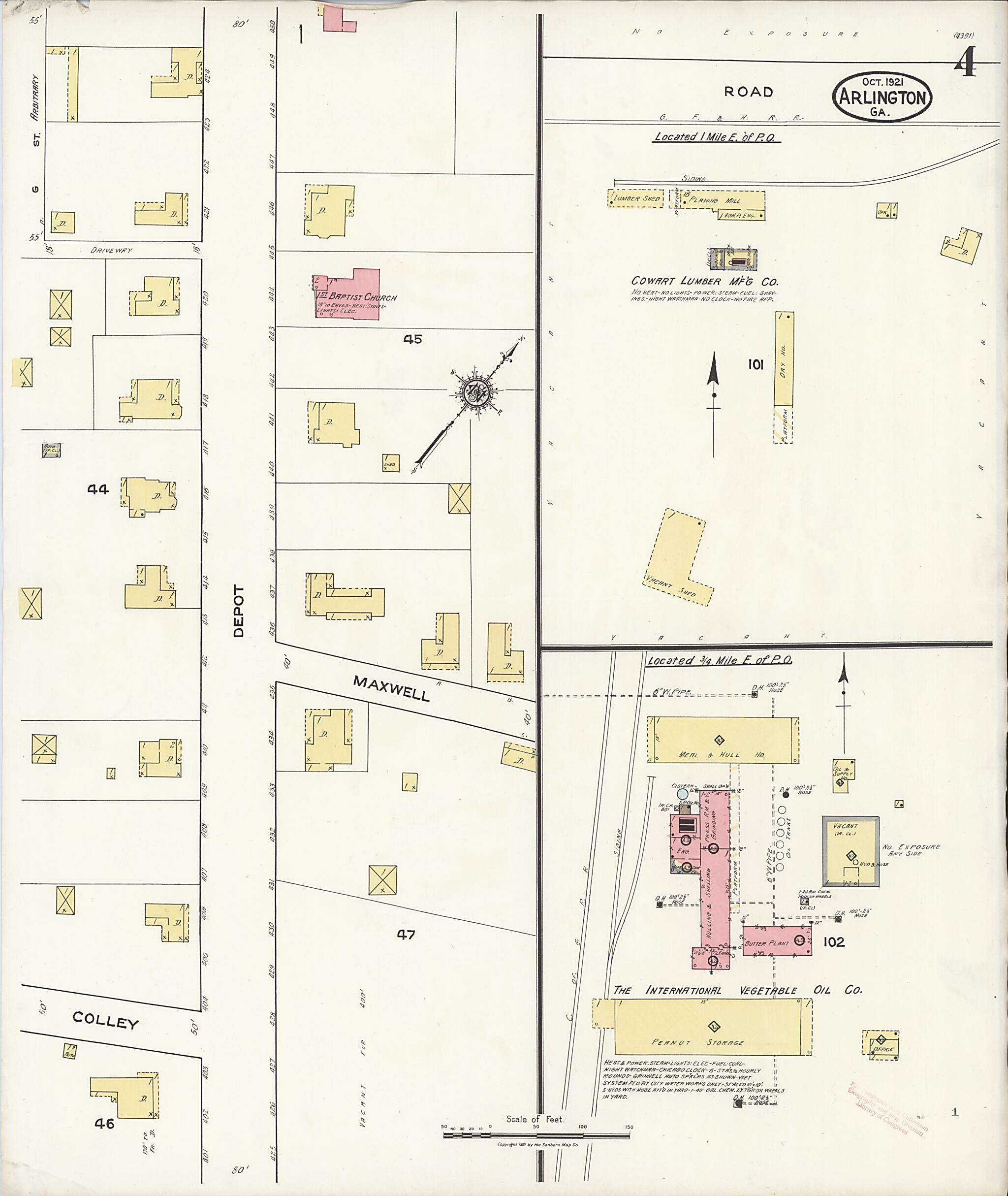 This old map of Arlington, Early County, Georgia was created by Sanborn Map Company in 1921