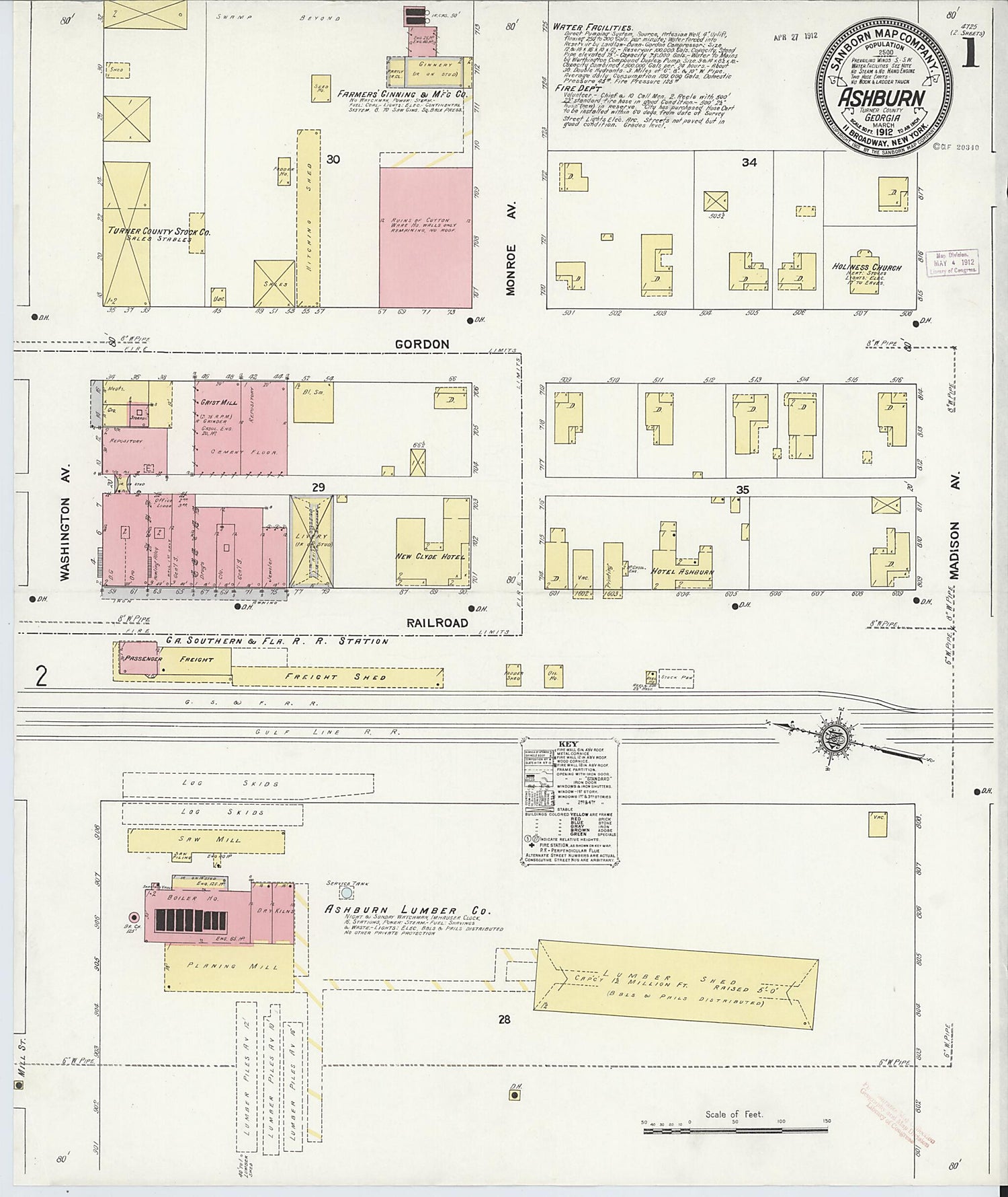 This old map of Ashburn, Turner County, Georgia was created by Sanborn Map Company in 1912