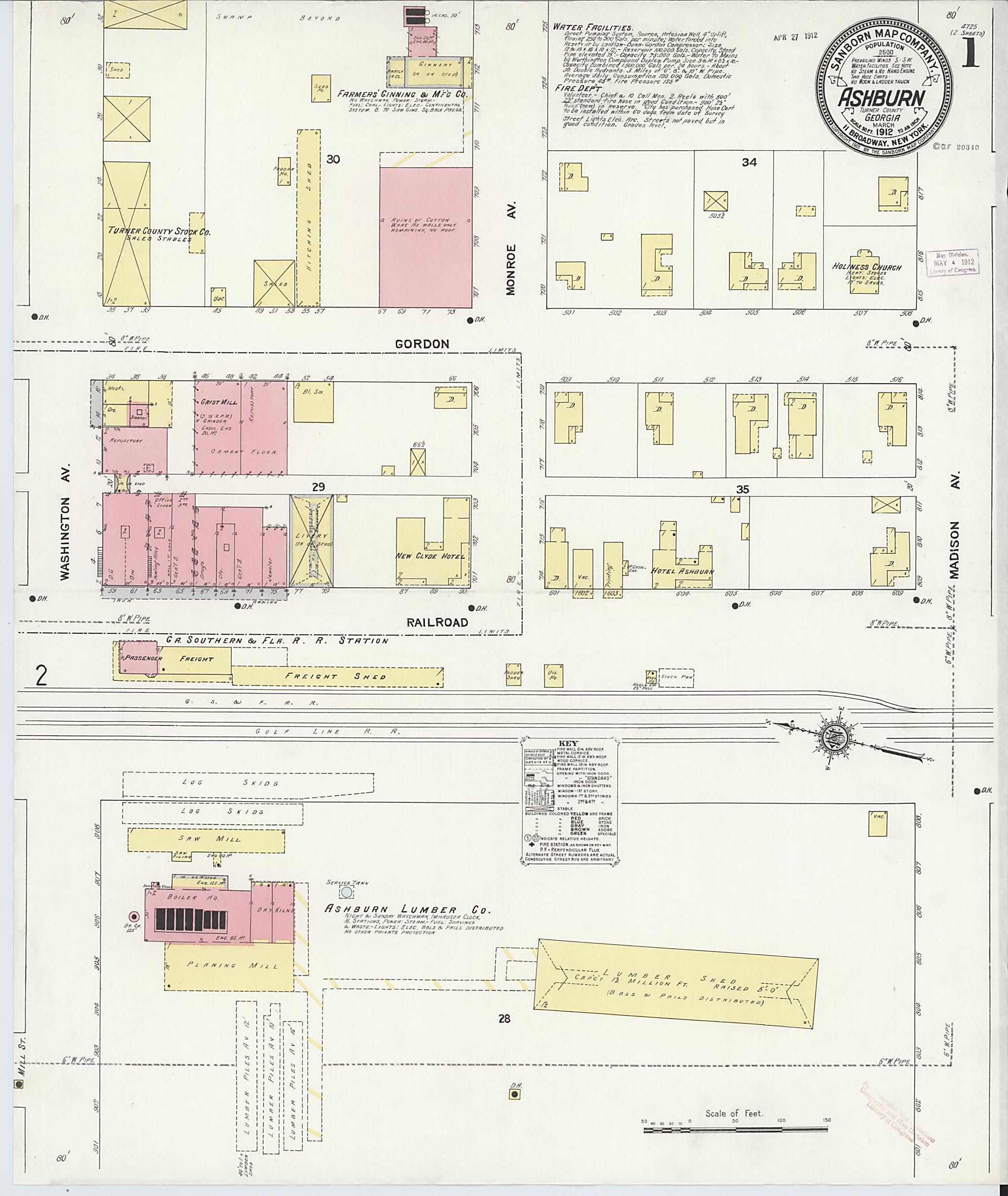 This old map of Ashburn, Turner County, Georgia was created by Sanborn Map Company in 1912