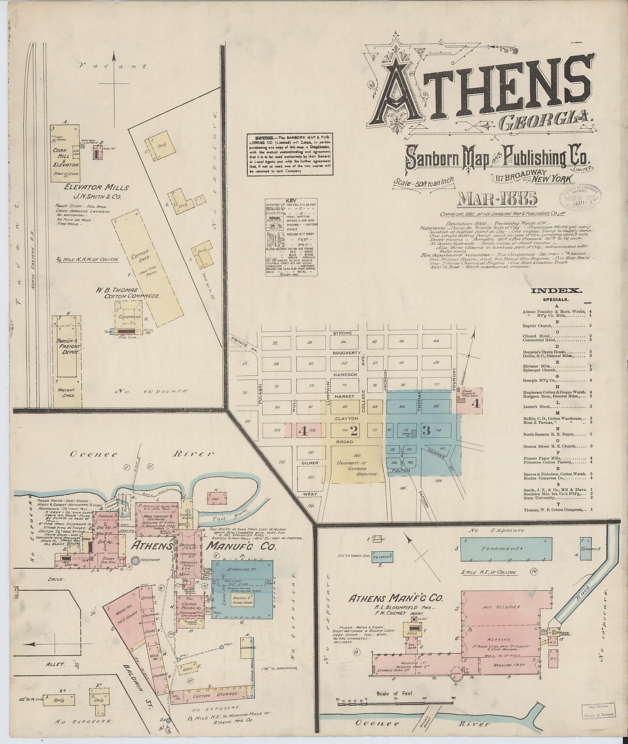 This old map of Athens, Clarke County, Georgia was created by Sanborn Map Company in 1885