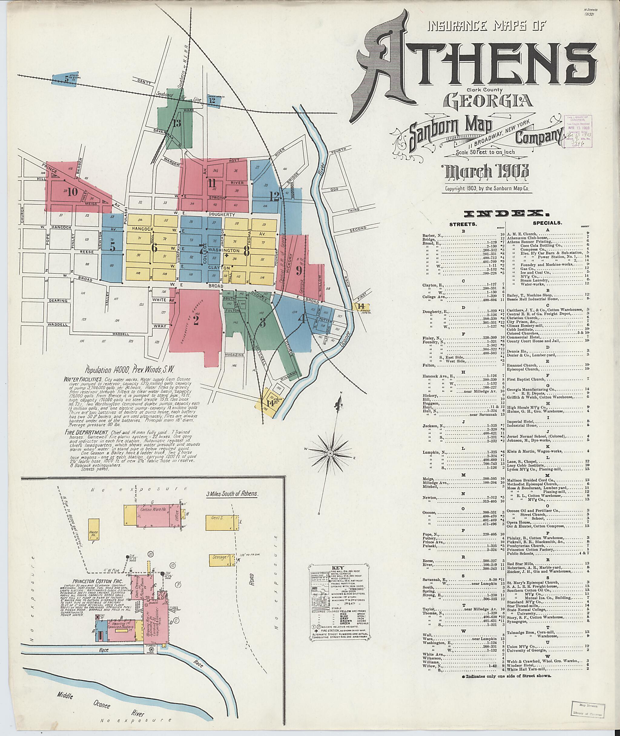 This old map of Athens, Clarke County, Georgia was created by Sanborn Map Company in 1903