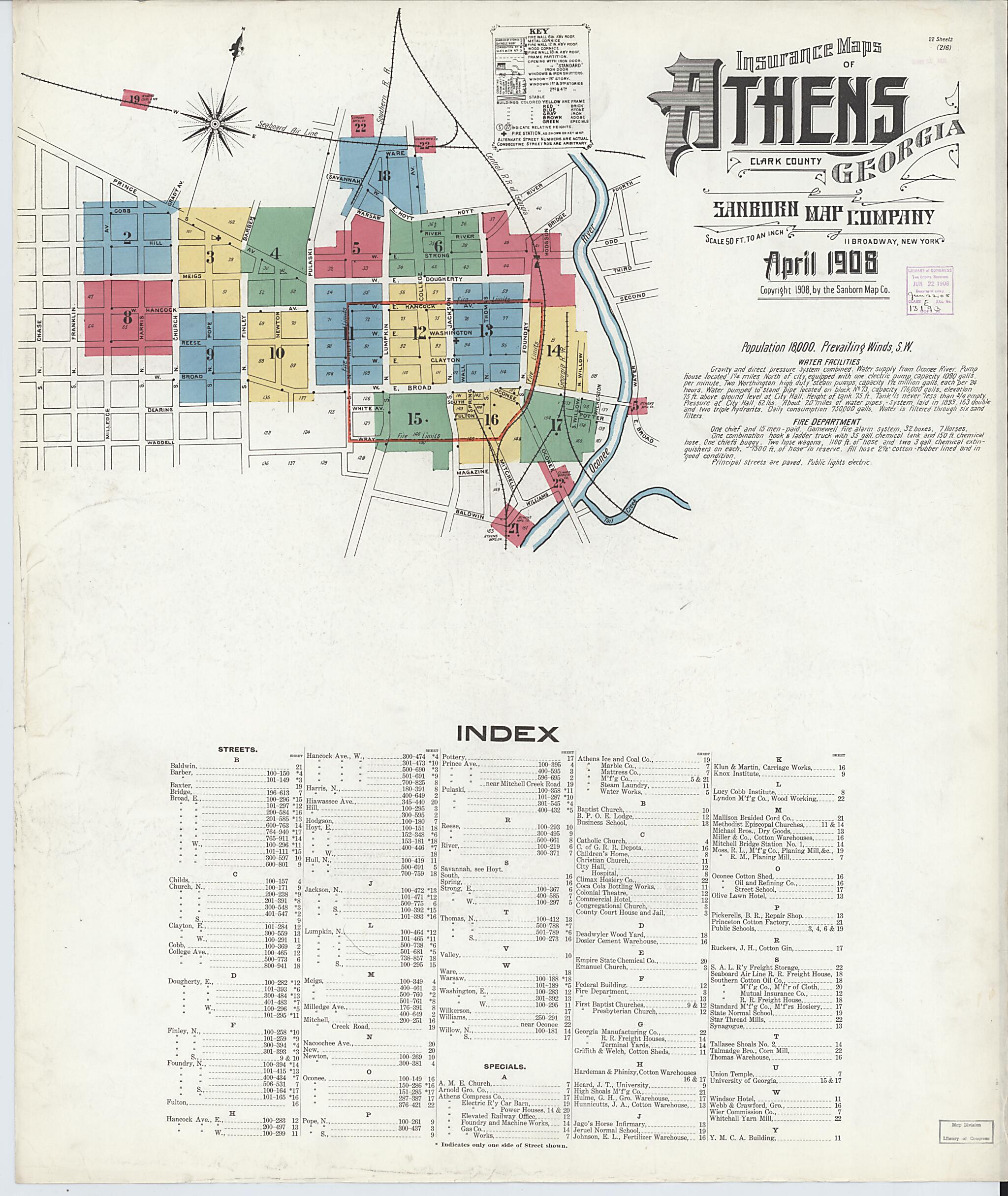 This old map of Athens, Clarke County, Georgia was created by Sanborn Map Company in 1908