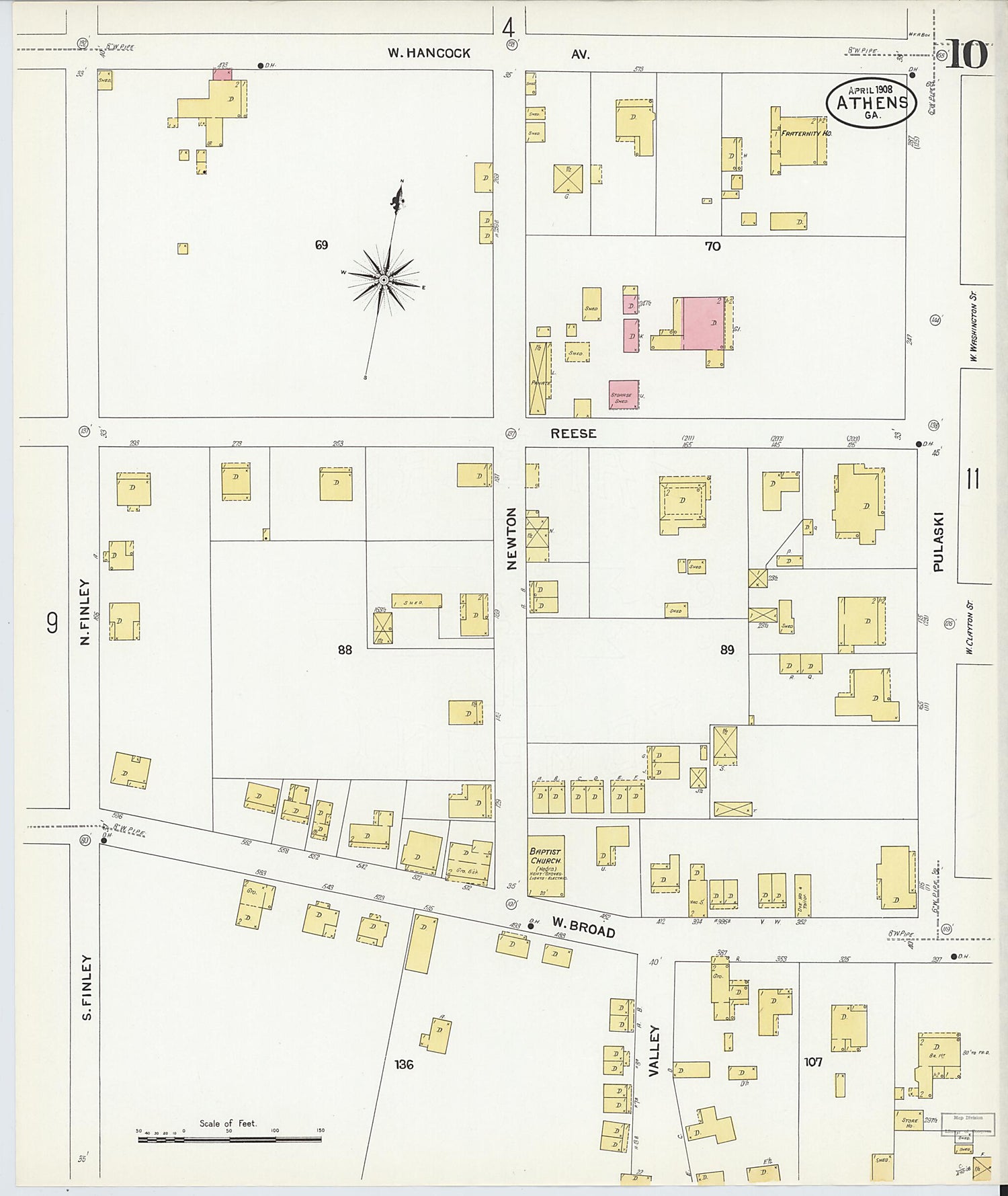 This old map of Athens, Clarke County, Georgia was created by Sanborn Map Company in 1908