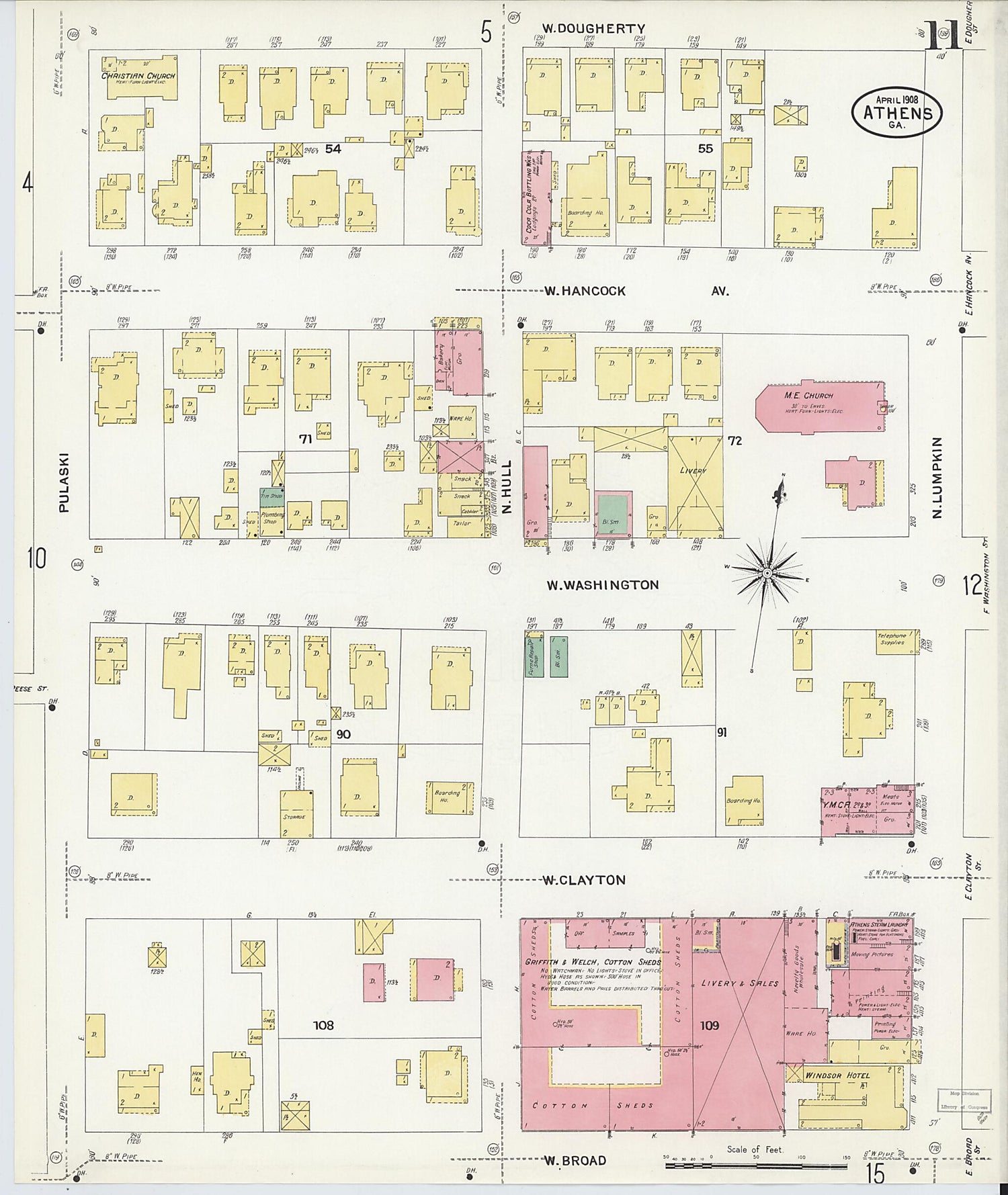 This old map of Athens, Clarke County, Georgia was created by Sanborn Map Company in 1908