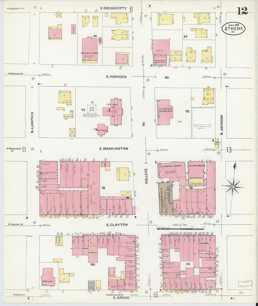 This old map of Athens, Clarke County, Georgia was created by Sanborn Map Company in 1908