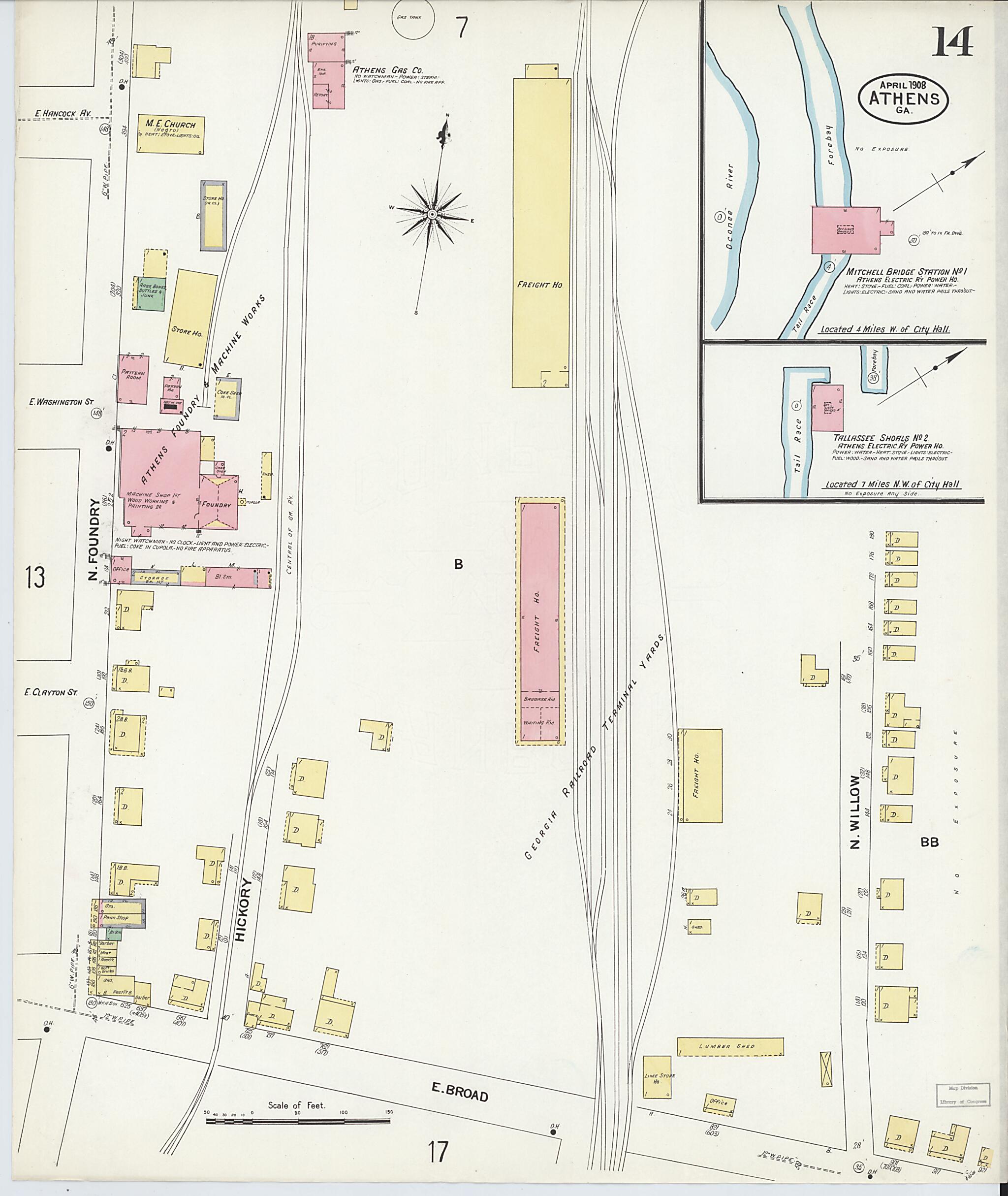 This old map of Athens, Clarke County, Georgia was created by Sanborn Map Company in 1908