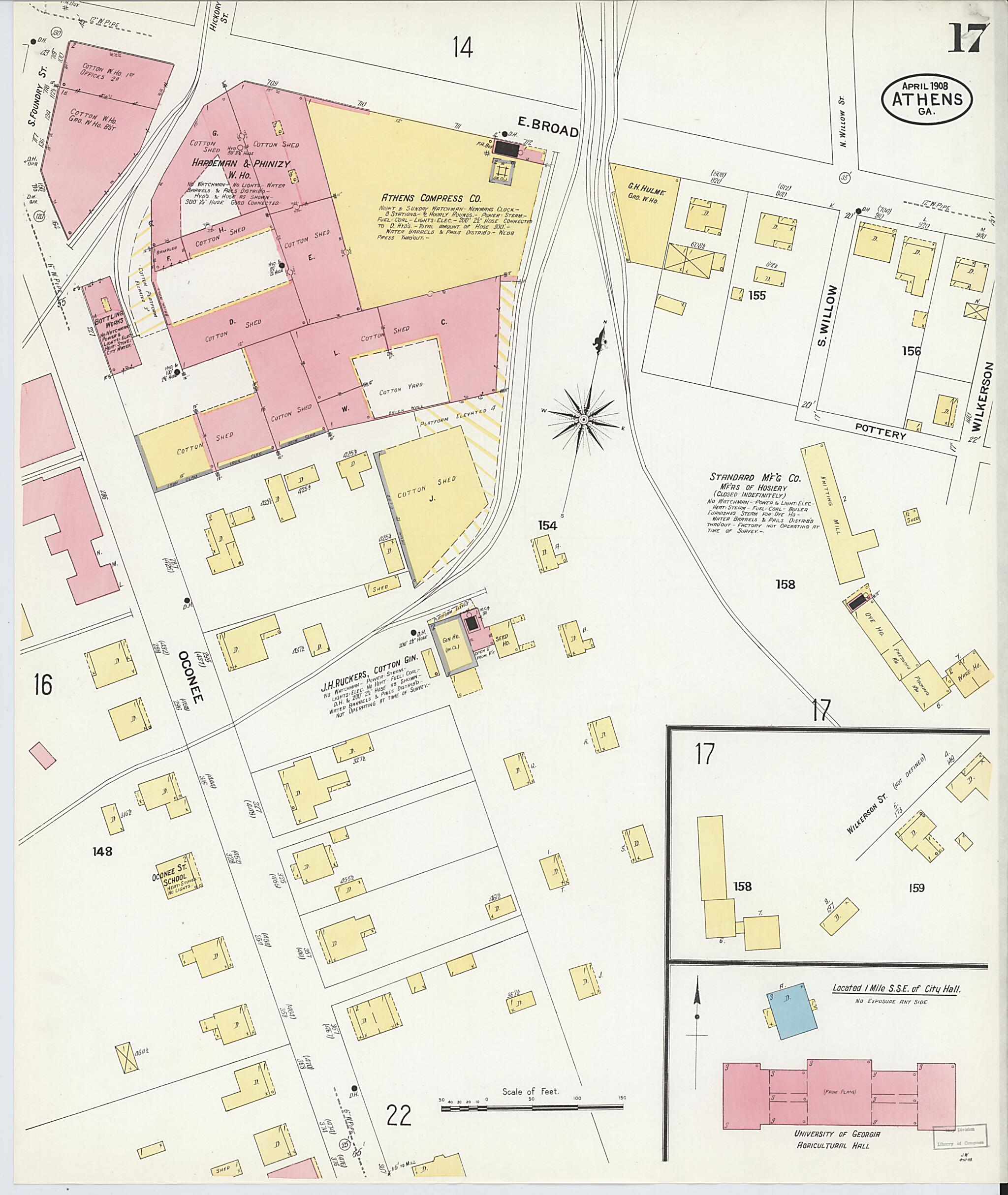 This old map of Athens, Clarke County, Georgia was created by Sanborn Map Company in 1908