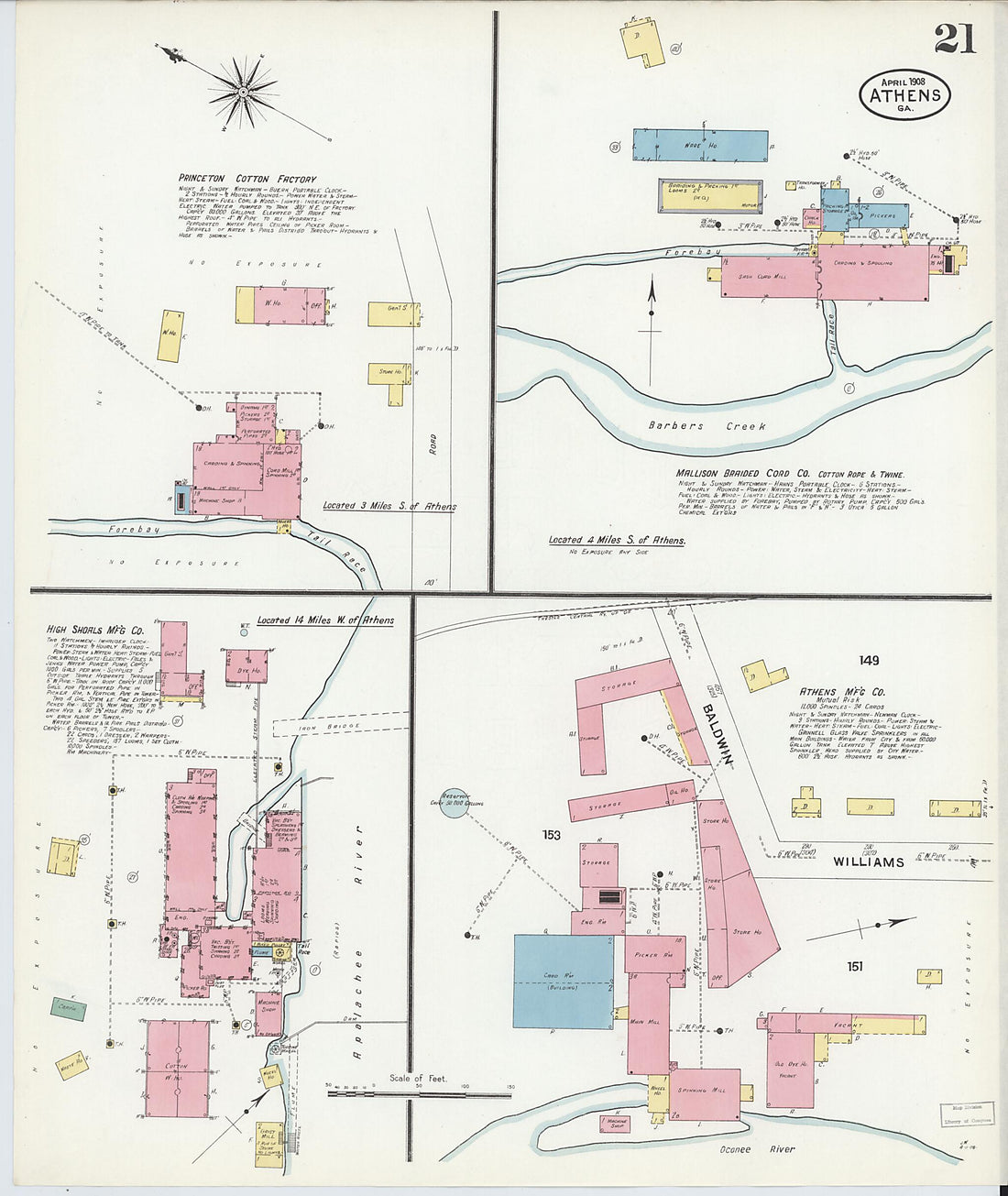 This old map of Athens, Clarke County, Georgia was created by Sanborn Map Company in 1908