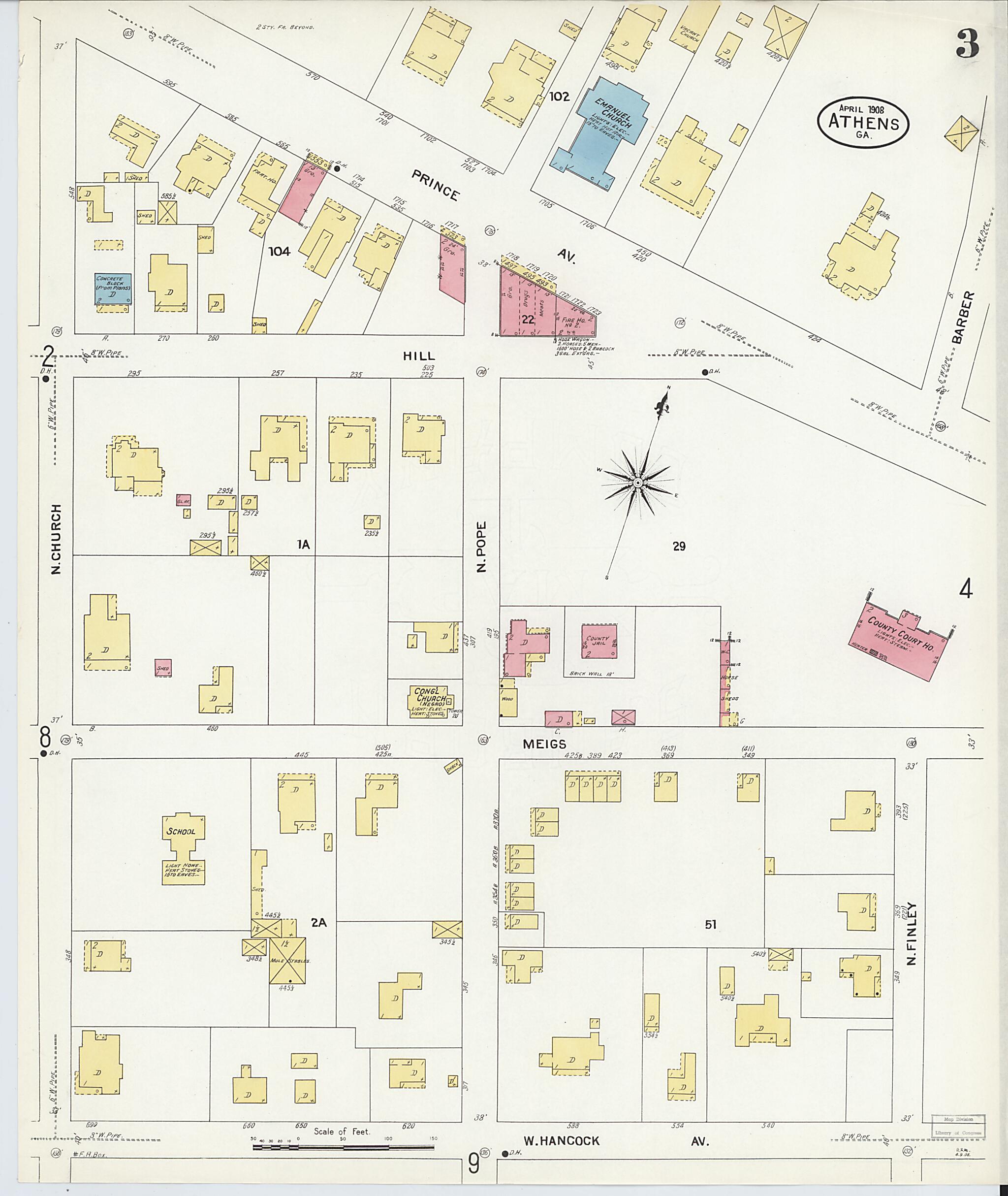 This old map of Athens, Clarke County, Georgia was created by Sanborn Map Company in 1908