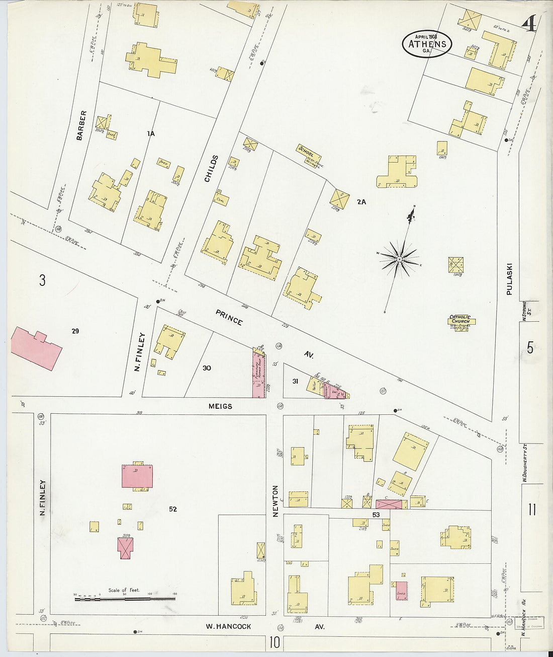 This old map of Athens, Clarke County, Georgia was created by Sanborn Map Company in 1908