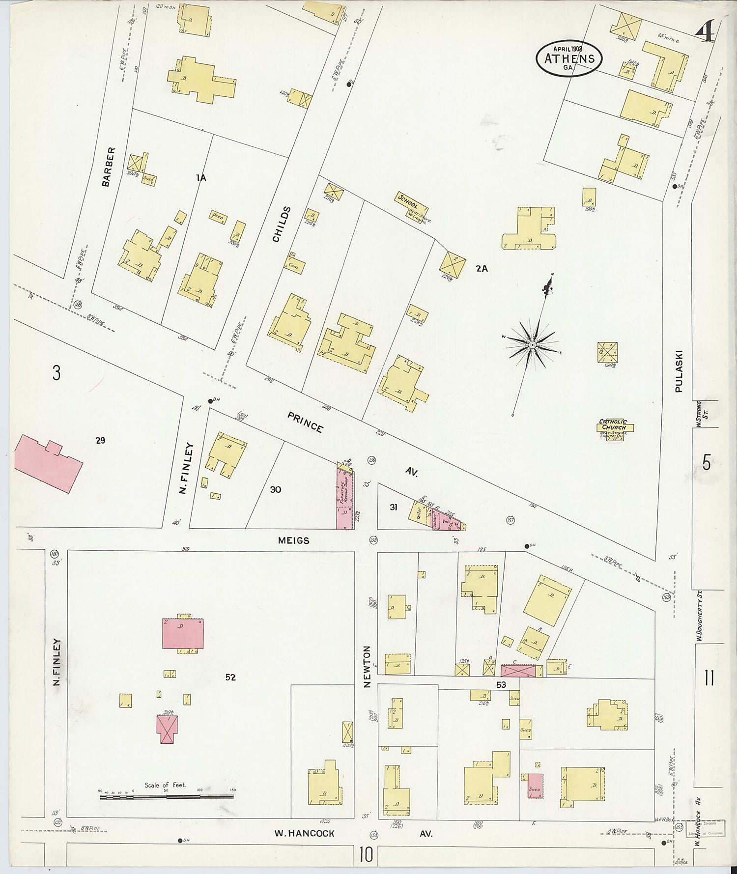 This old map of Athens, Clarke County, Georgia was created by Sanborn Map Company in 1908