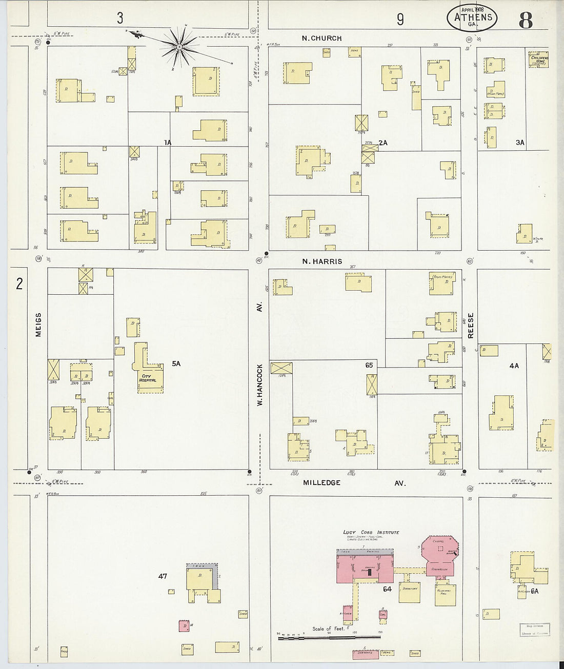 This old map of Athens, Clarke County, Georgia was created by Sanborn Map Company in 1908