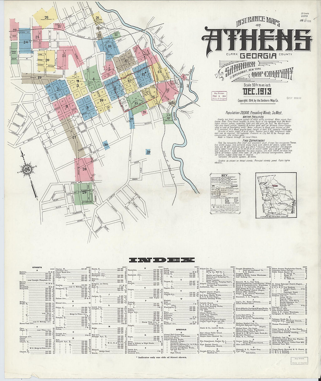 This old map of Athens, Clarke County, Georgia was created by Sanborn Map Company in 1913