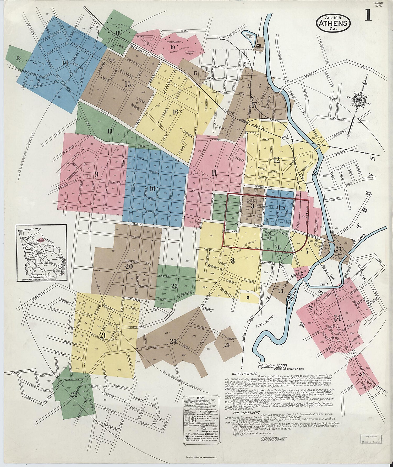 This old map of Athens, Clarke County, Georgia was created by Sanborn Map Company in 1918