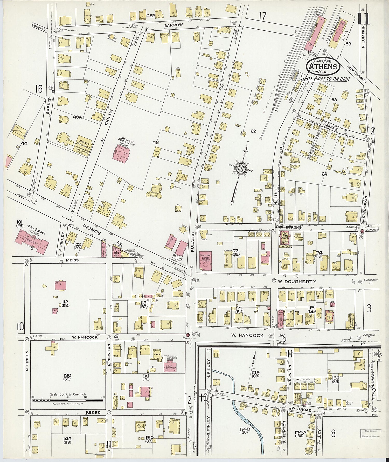 This old map of Athens, Clarke County, Georgia was created by Sanborn Map Company in 1918