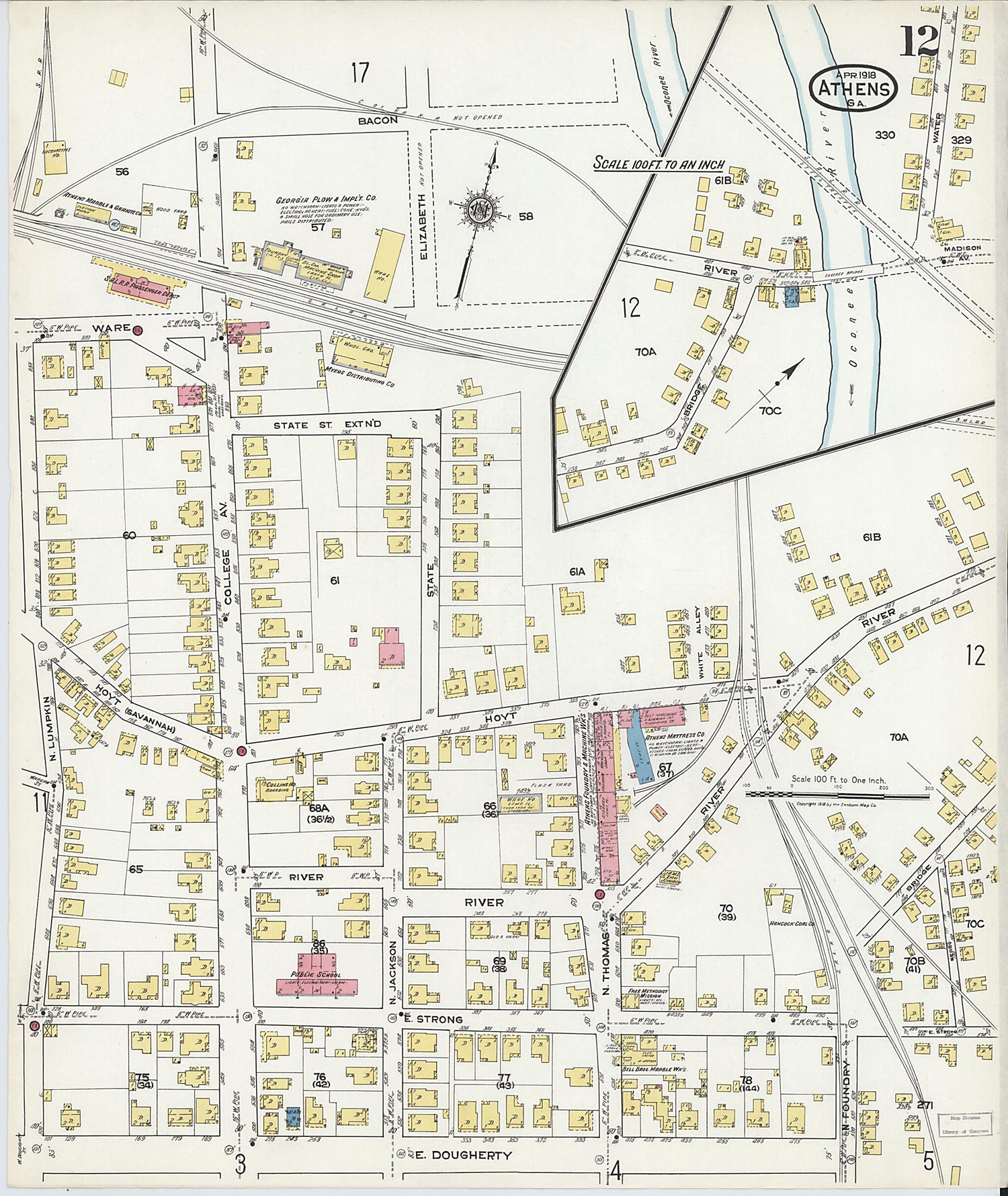 This old map of Athens, Clarke County, Georgia was created by Sanborn Map Company in 1918